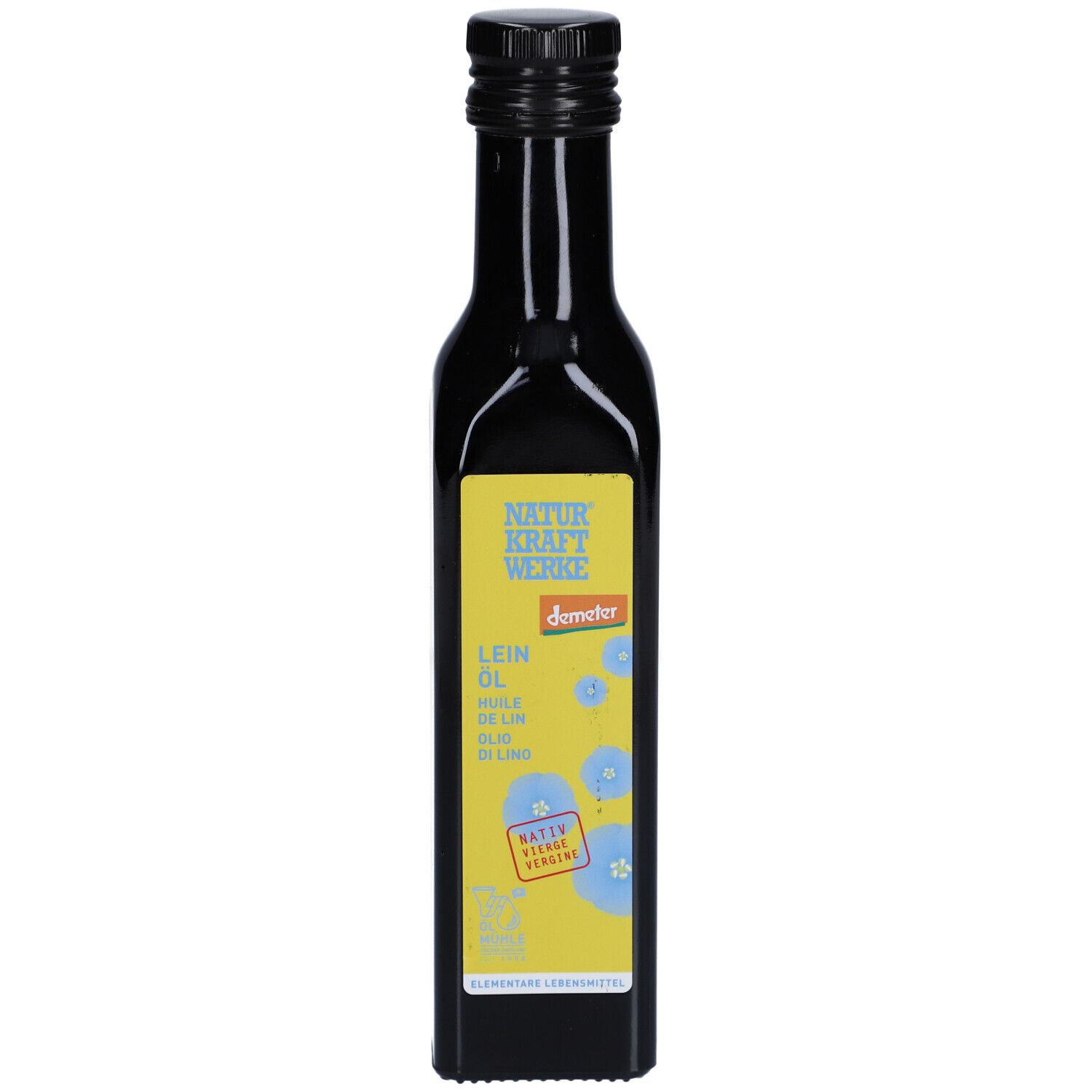 Bouteille en verre noir avec étiquette jaune : NATURKRAFTWERKE HUILE DE LIN, label Demeter et fleurs bleues.