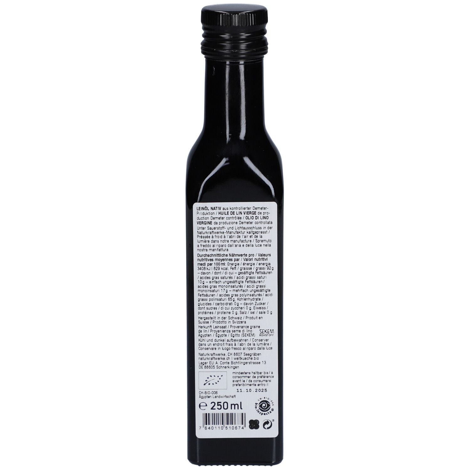 Arrière d'une bouteille en verre noir avec informations détaillées sur le produit, label bio et code EAN.