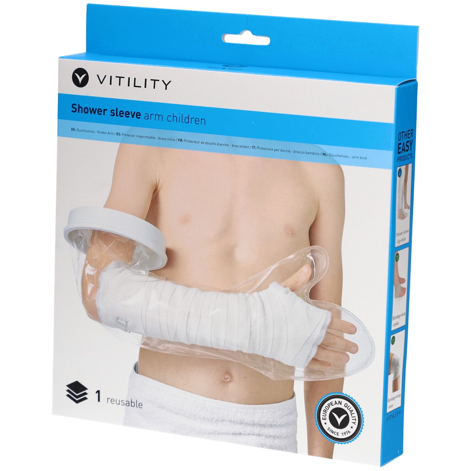 Emballage VITILITY Duschschutz Arm Kind. Le protège-bras est transparent avec fermeture blanche. L'emballage indique "1 reusable".