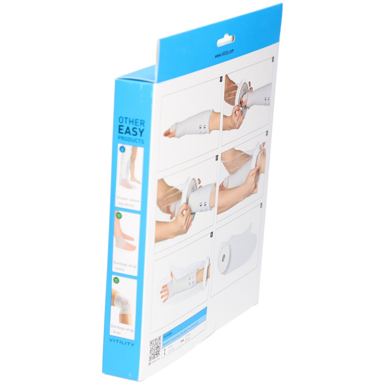 Vue latérale de l'emballage VITILITY Duschschutz Arm Kind. Des illustrations montrent l'application. L'emballage indique "OTHER EASY PRODUCTS".