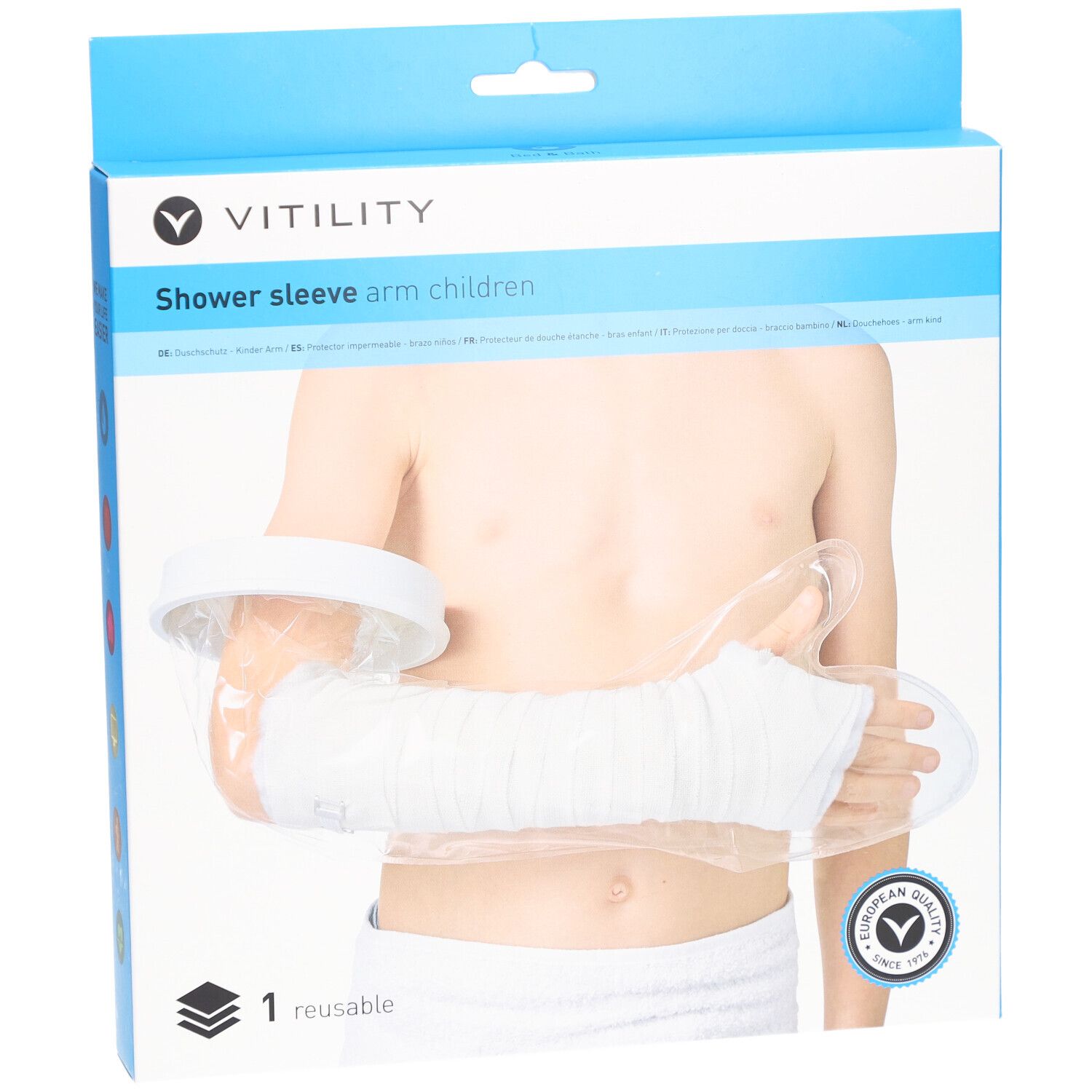 Emballage VITILITY Duschschutz Arm Kind. Le protège-bras est sur le bras d'un enfant. L'emballage indique "Shower sleeve arm children".