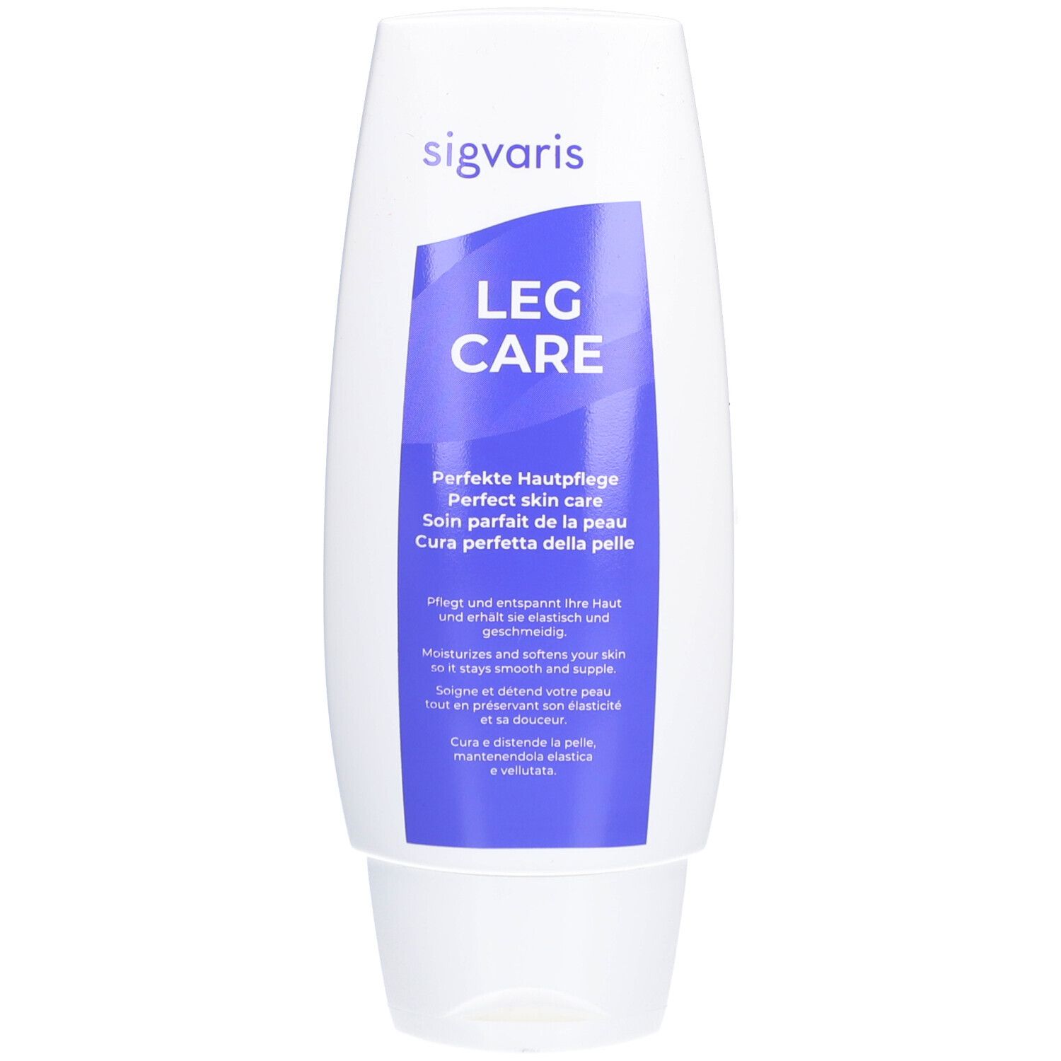 Witte tube met blauw etiket. Opschrift: LEG CARE, Perfect Skin care. Bevat tekst in het Duits, Engels, Frans en Italiaans.