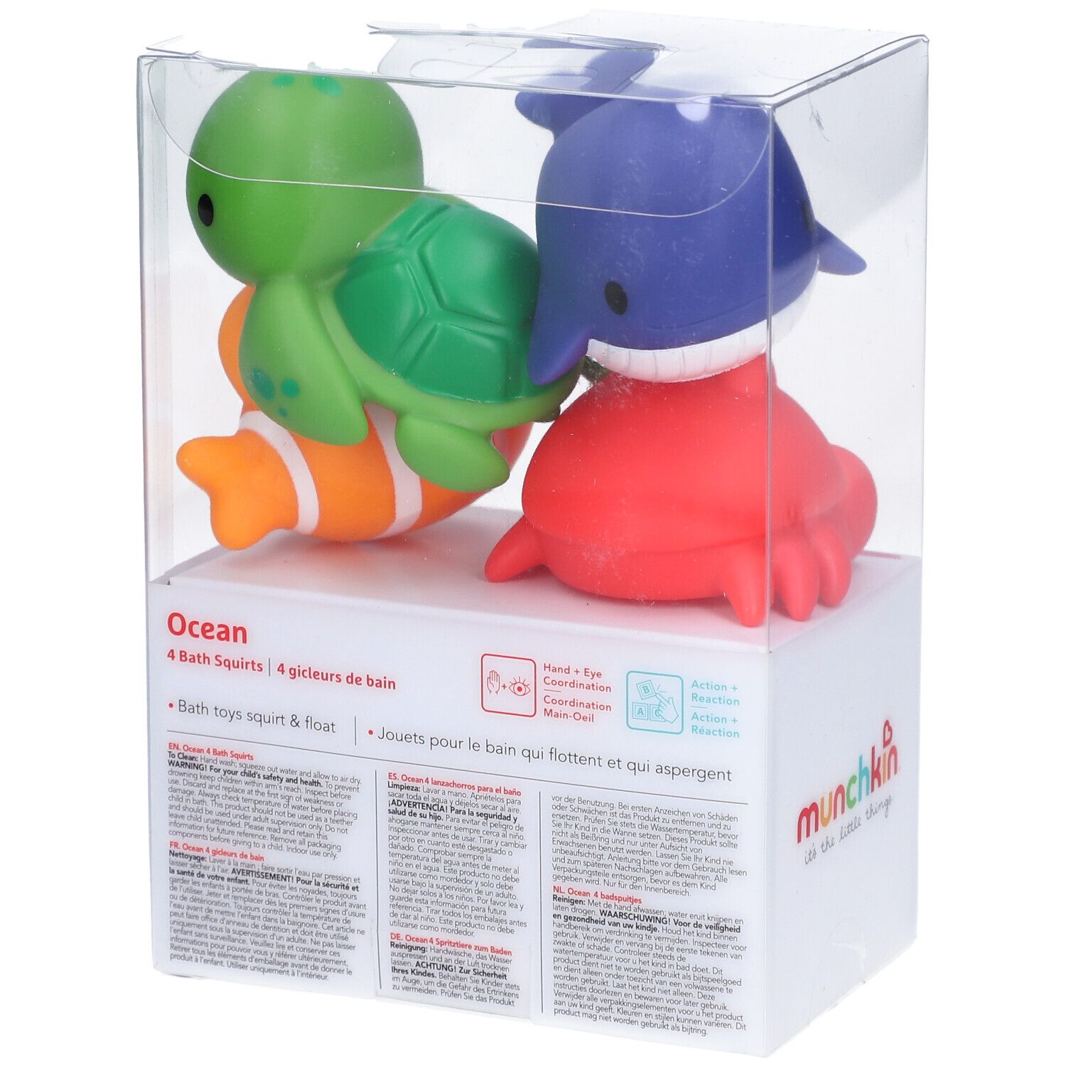 Achterkant van de verpakking met vier badspeeltjes. Tekst: 'Ocean', 'Bath Squirt', 'Hand-oogcoördinatie'.
