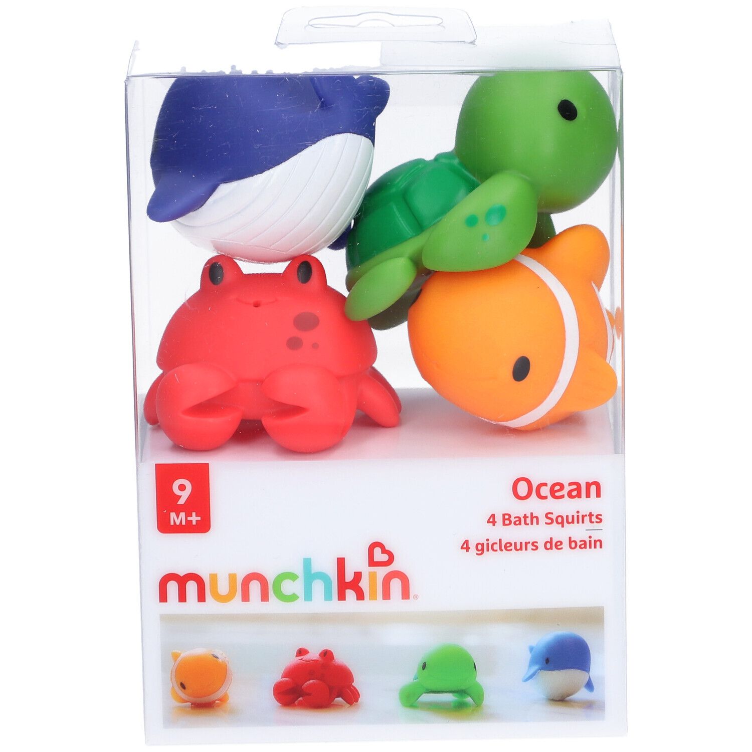 Verpakking met vier badspeeltjes: walvis, schildpad, krab en vis. Op de verpakking staat '9 M+' en 'munchkin'.