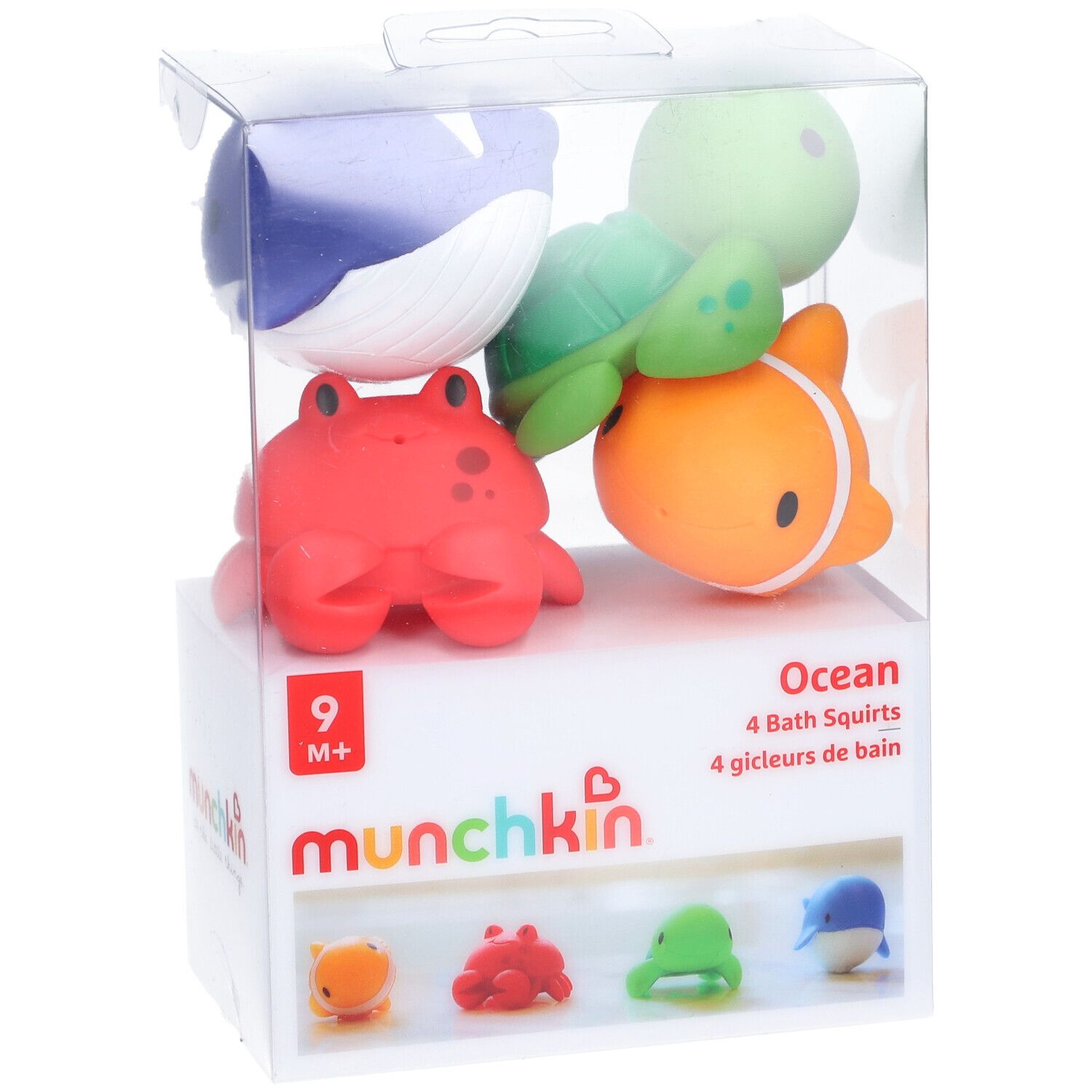 Verpakking met vier badspeeltjes. De speeltjes zijn een vis, een schildpad, een krab en een walvis.