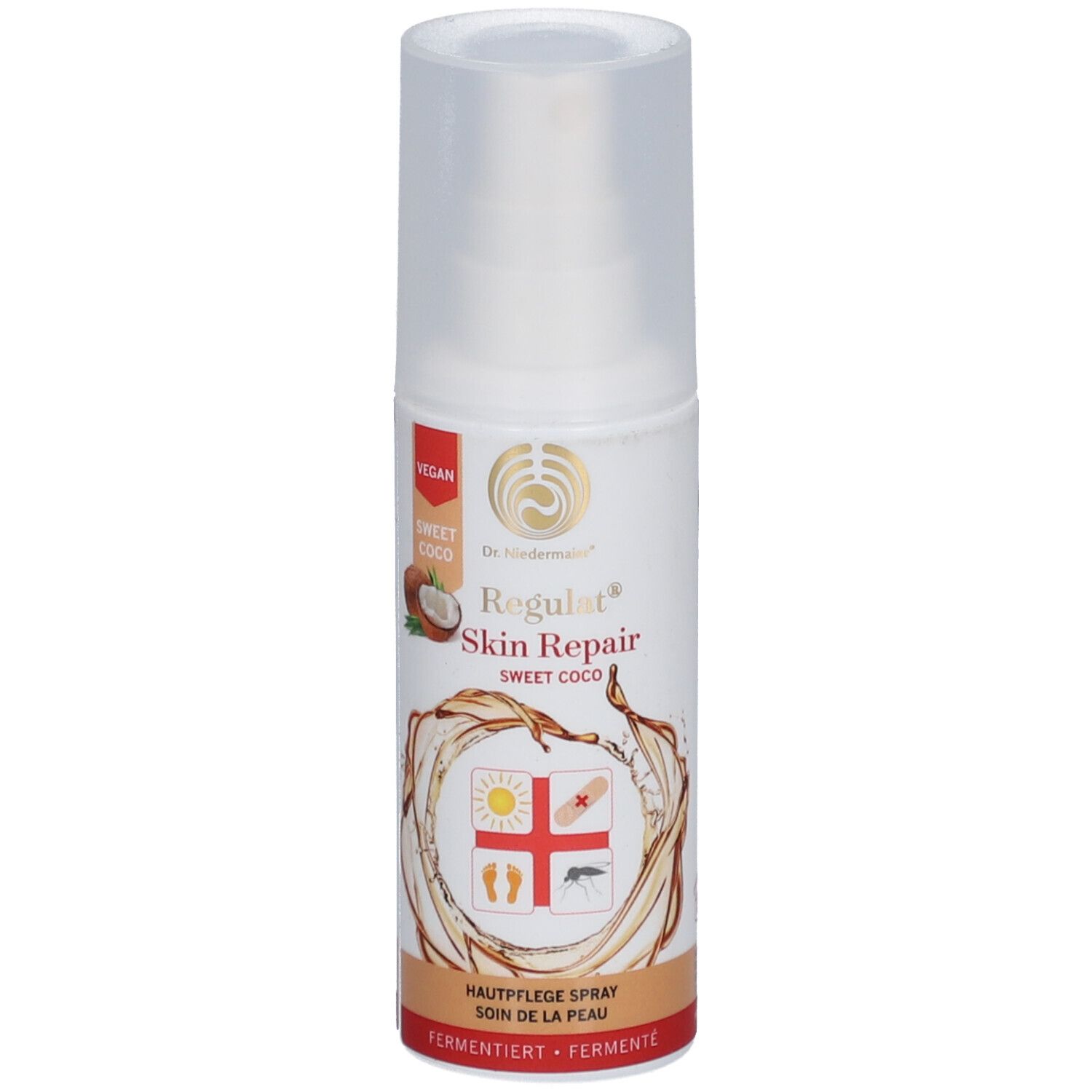 Huidverzorgingsspray met sproeikop. Veganistisch. Opschrift: Regulat Skin Repair Sweet Coco. Afbeelding: kokosnoot, zon, pleister, voet.