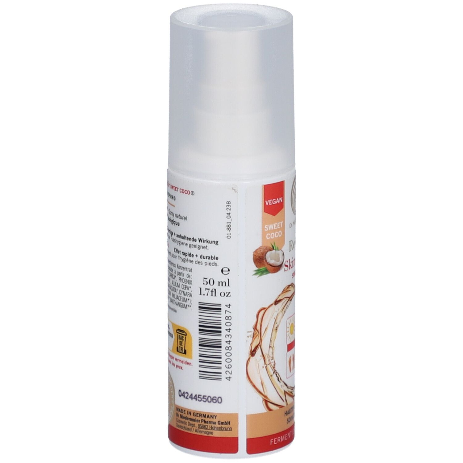 Huidverzorgingsspray. Achterkant met productinformatie. Veganistisch. Opschrift: Regulat Skin Repair Sweet Coco. 50 ml, 1.7 fl oz.