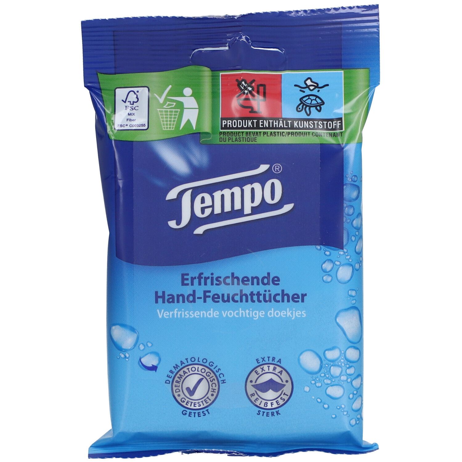 Paquet de lingettes rafraîchissantes pour les mains Tempo avec logo et indications sur le plastique et l'environnement.