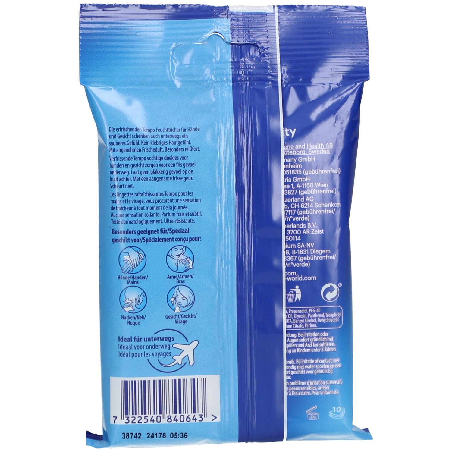 Emballage de lingettes Tempo avec icônes pour mains, fesses, visage et nez.