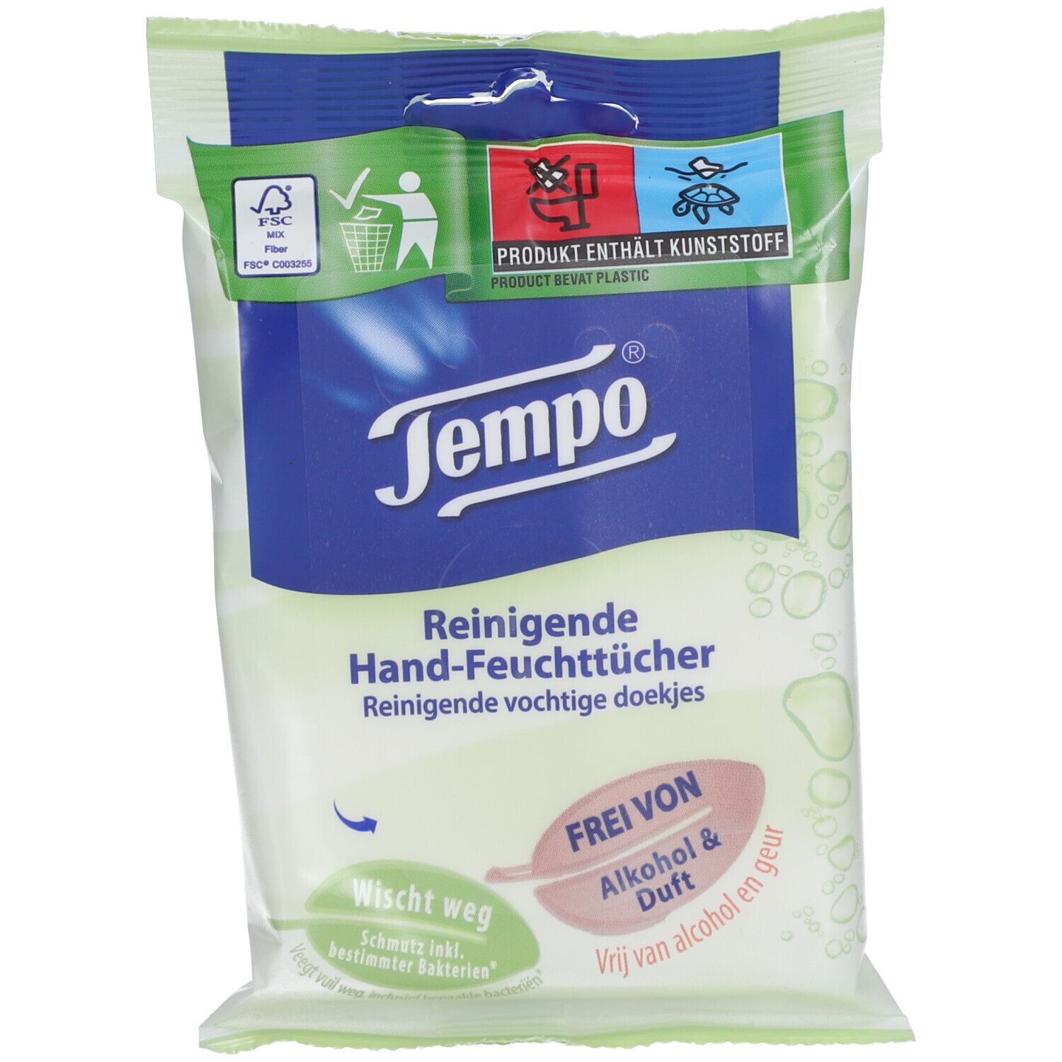 Lingettes mains nettoyantes Tempo, sans alcool ni parfum.