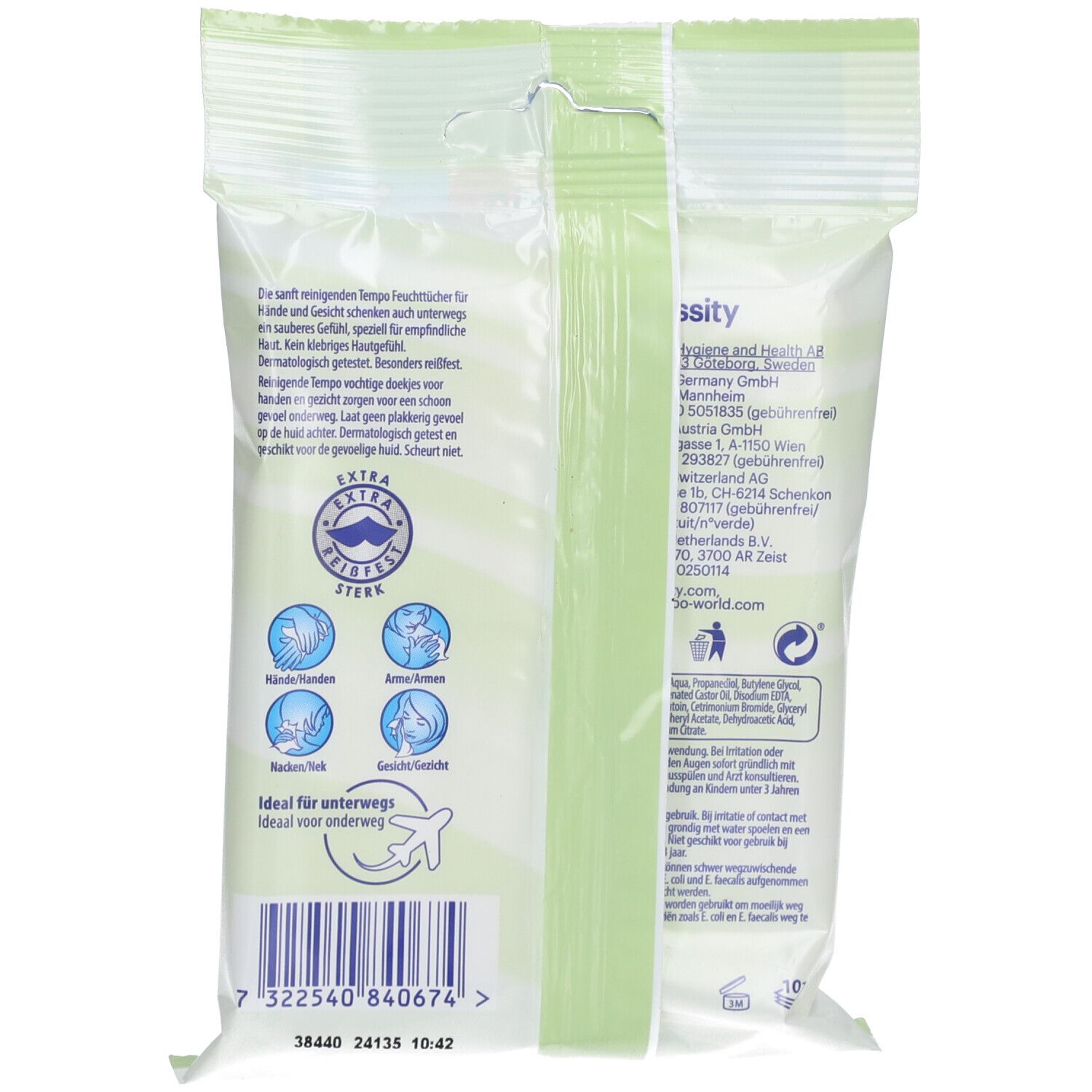 Emballage de lingettes humides avec icônes pour mains, visage et voyage.