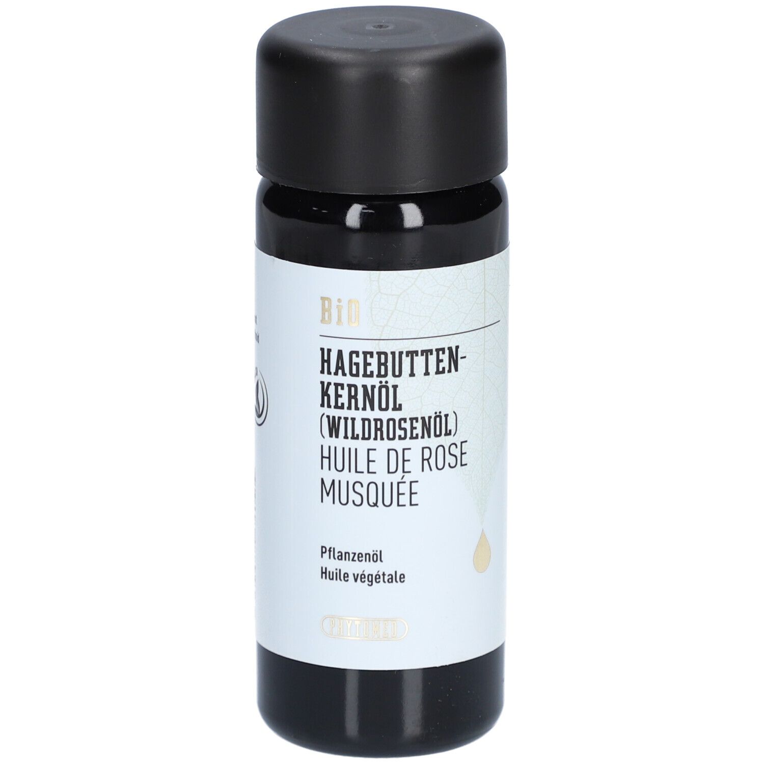 Biologische rozenbottelpitolie in donkere fles met zwarte dop.