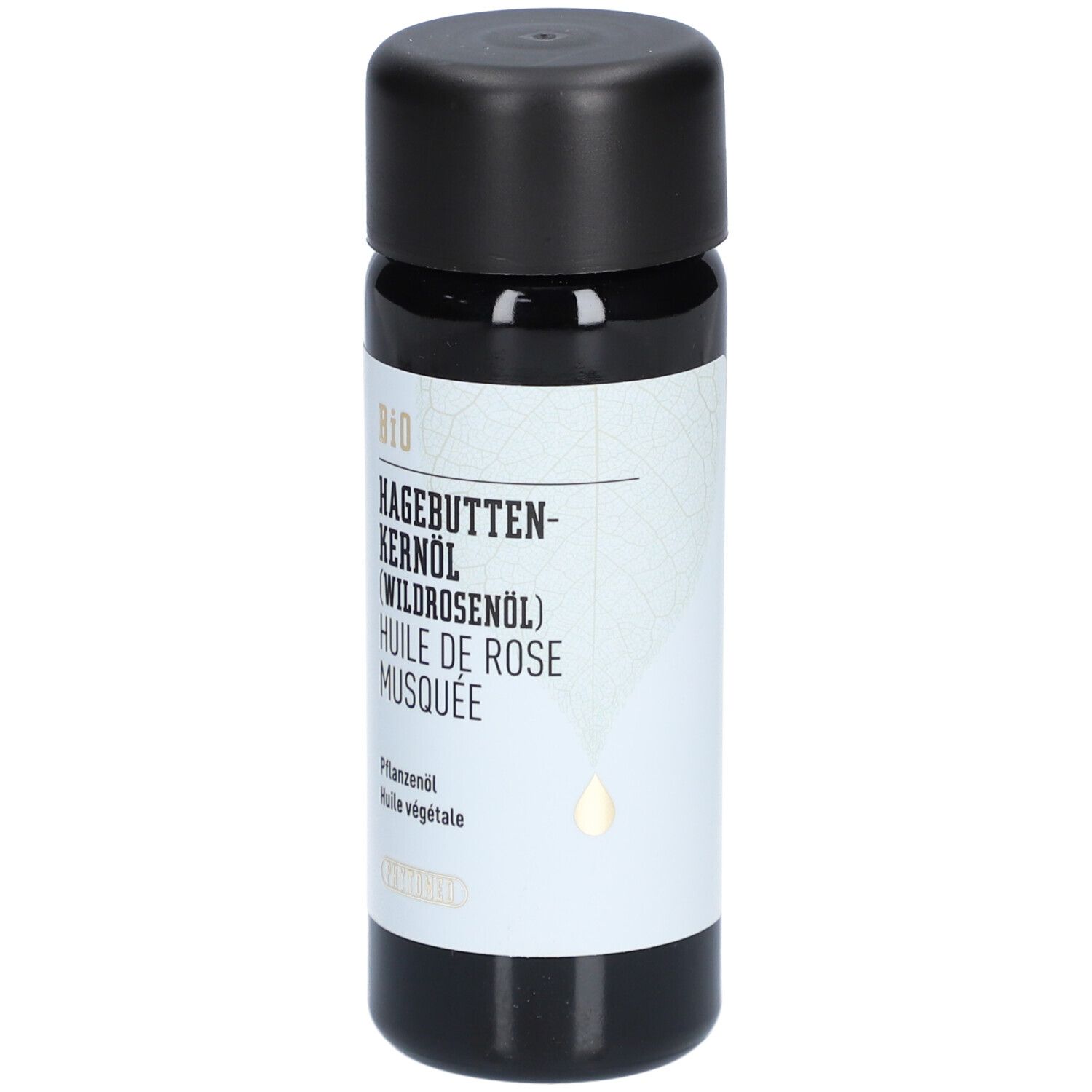 Biologische rozenbottelpitolie in donkere fles met zwarte dop.