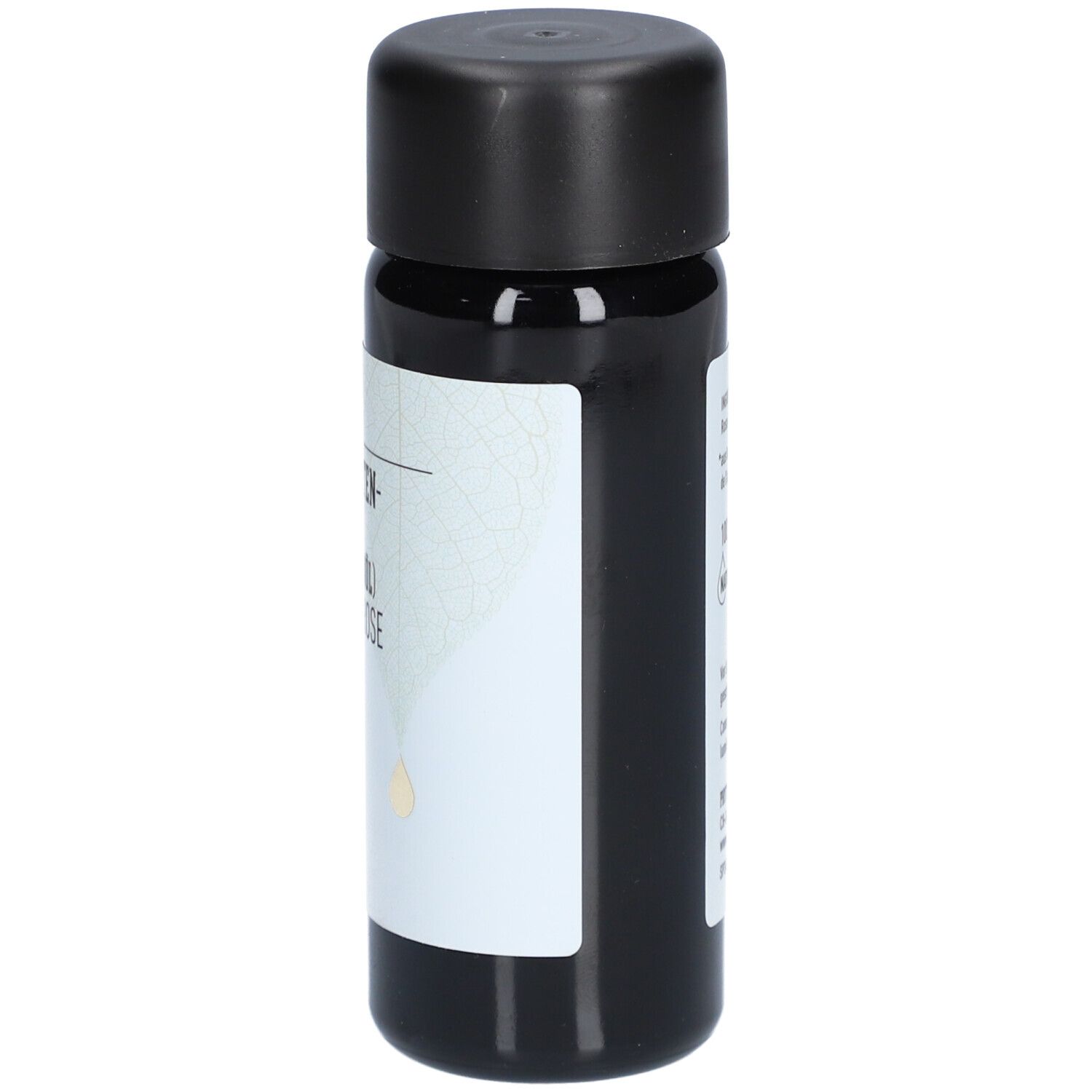 Close-up van de biologische rozenbottelpitolie fles, etiket met tekst.