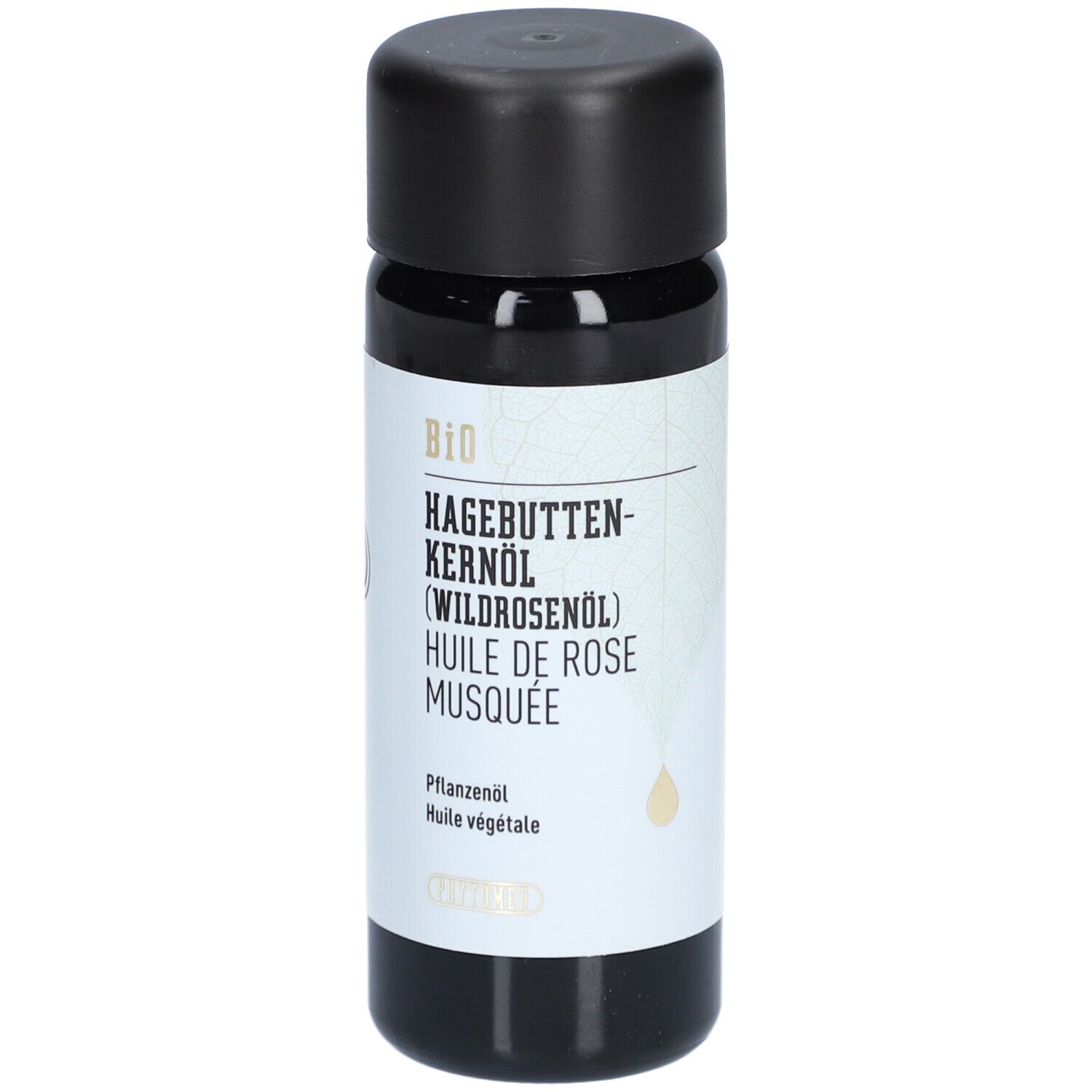Biologische rozenbottelpitolie in donkere fles met zwarte dop.