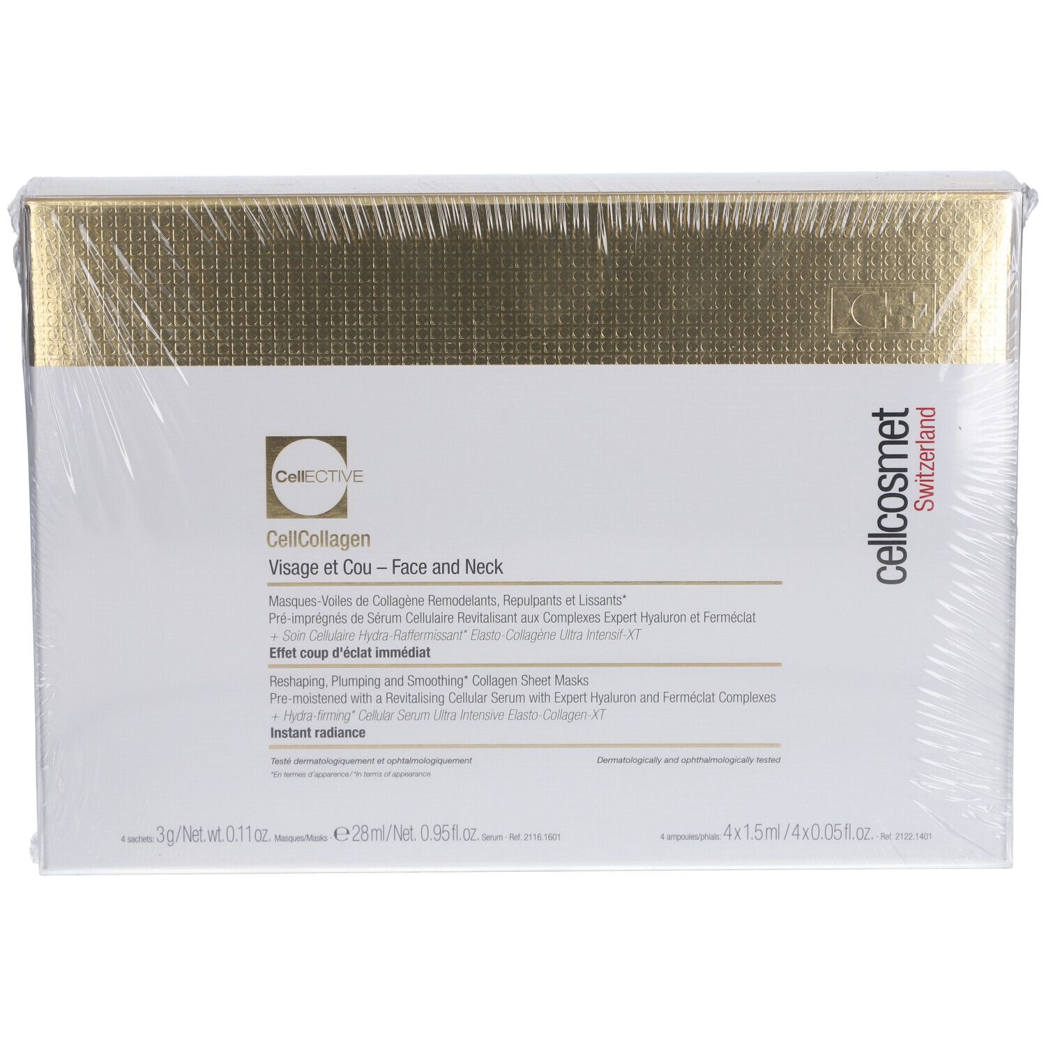 Emballage Cellcosmet CellEctive Face and Neck Mask. Boîte blanche avec couvercle doré. Nom du produit et marque visibles.