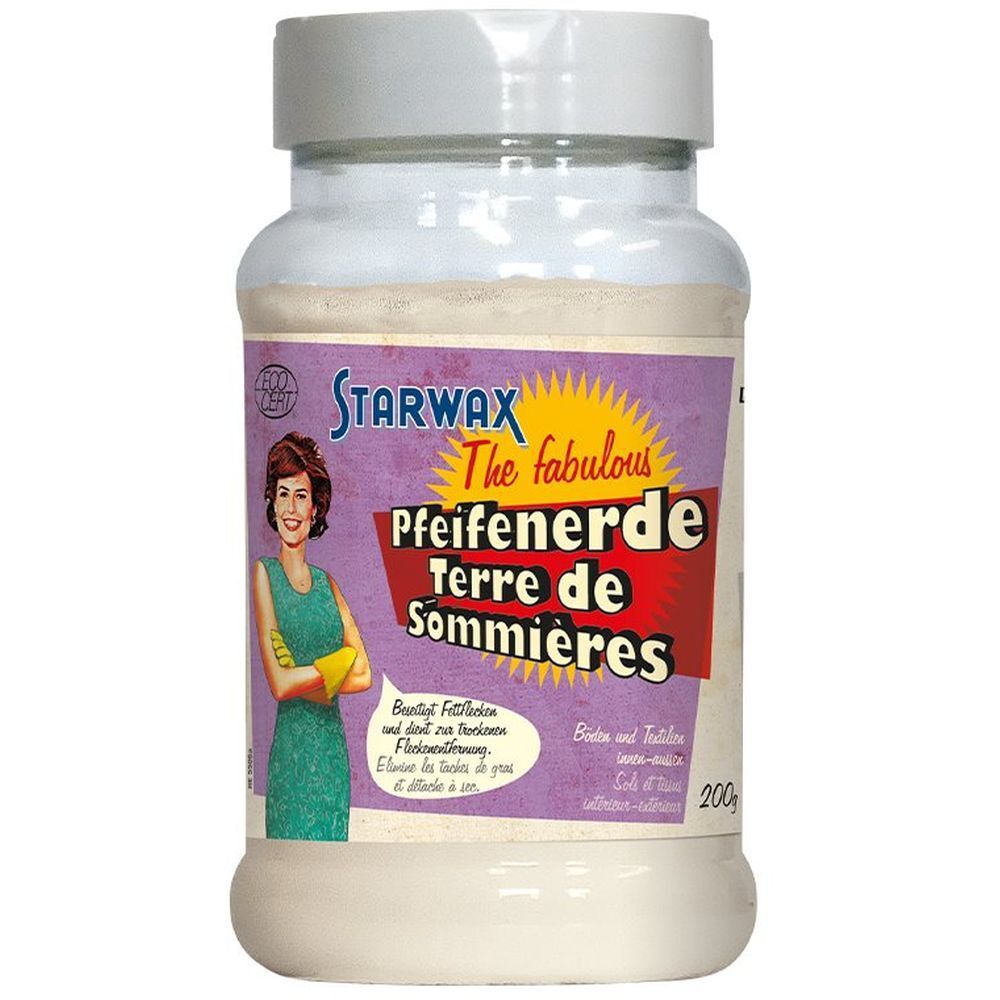 Pot de STARWAX The fabulous Terre de Sommières. Étiquette violette avec femme, étoile jaune, texte. 200g.