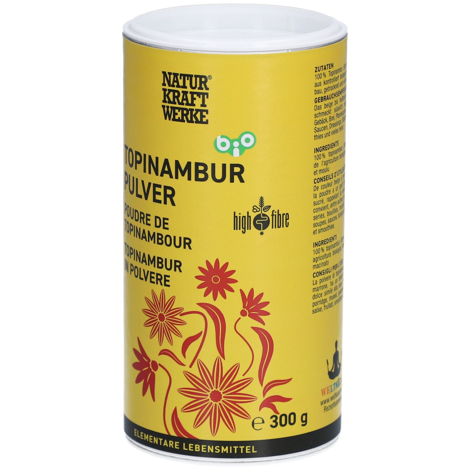 Gele bus "NATURKRAFTWERKE Bio-Topinambur-Pulver". Rode bloemenpatronen. "high fibre" en "e 300 g" zichtbaar.