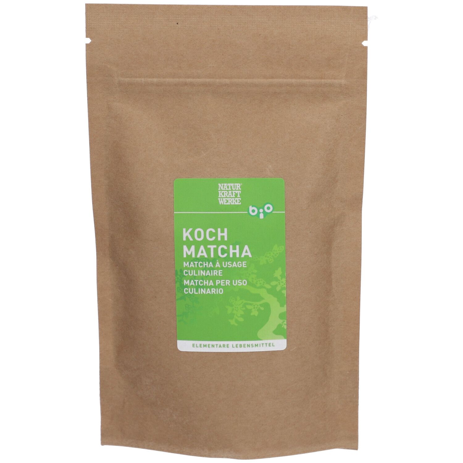 Sachet en papier brun avec étiquette verte. Inscription: KOCH MATCHA, Matcha a usage culinaire, Matcha per uso culinario. Label bio.