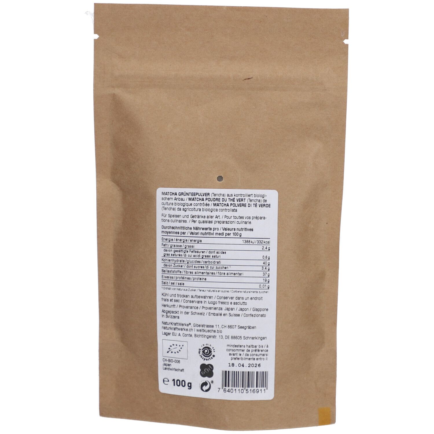 Dos du sachet en papier brun. Contient du texte avec informations nutritionnelles et label bio. En bas: 100g.