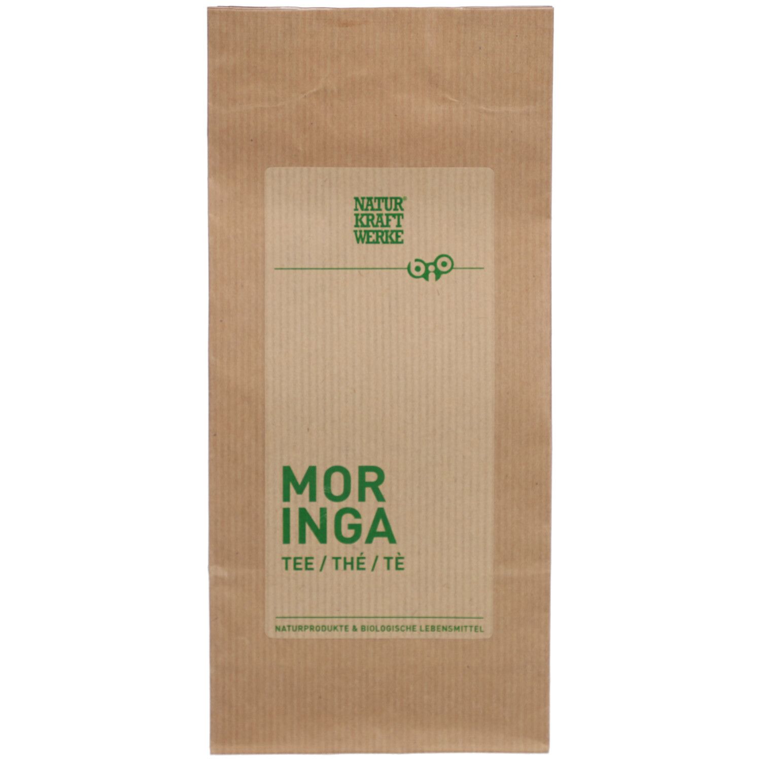 NATURKRAFTWERKE Thé Moringa bio : Sachet en papier brun avec étiquette. Indique "MORINGA THÉ" et label bio.
