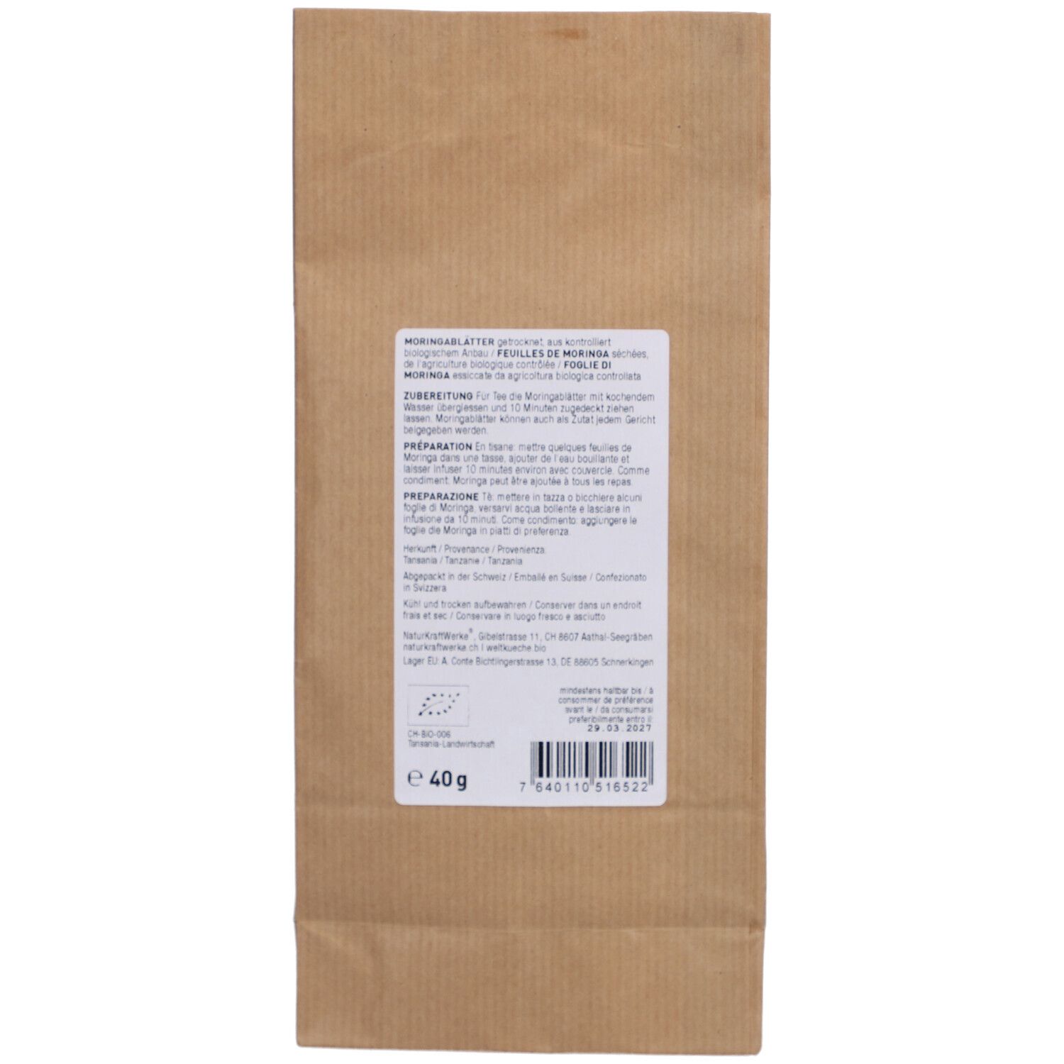 NATURKRAFTWERKE Thé Moringa bio : Arrière du sachet papier avec instructions de préparation, label bio et indication 40g.