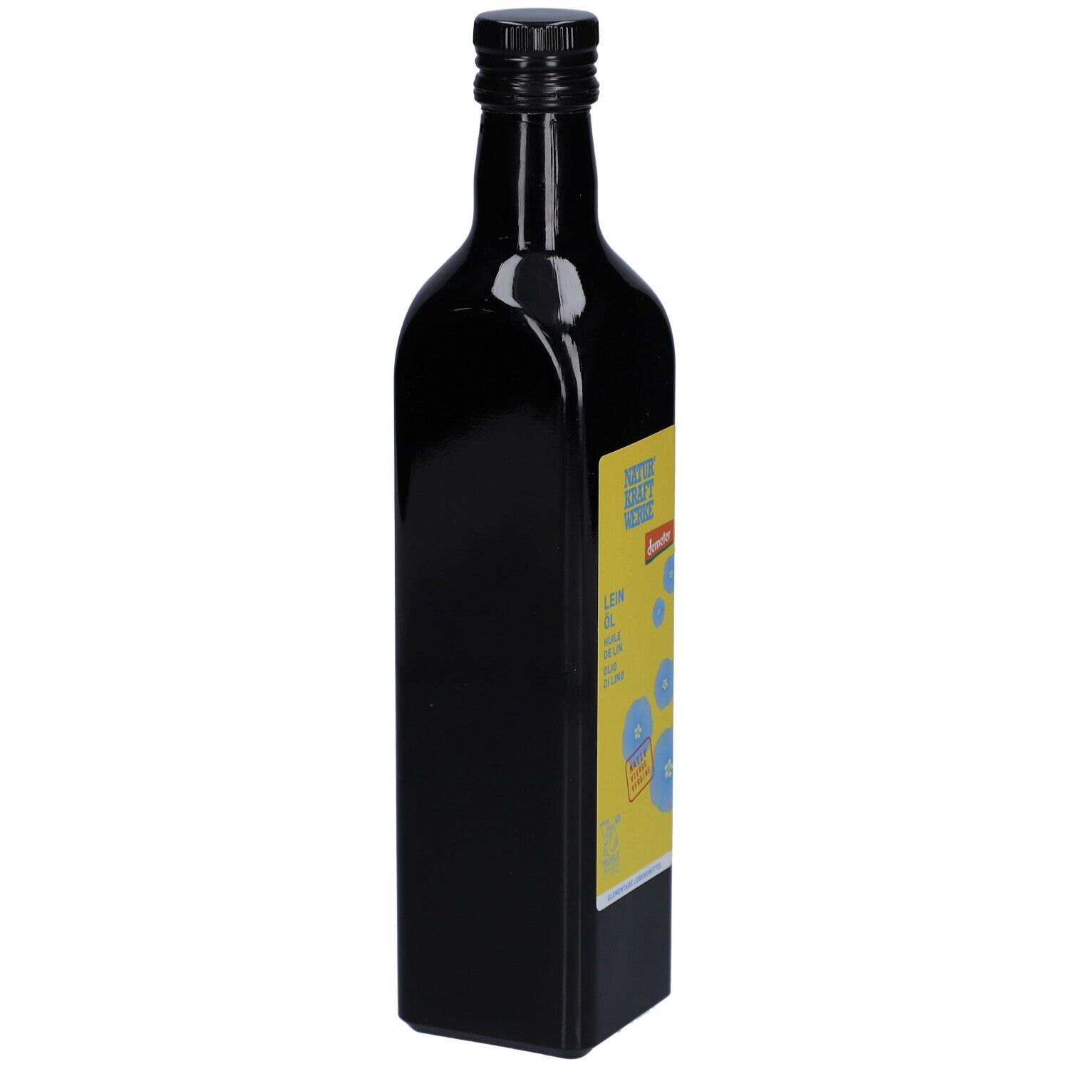 Vue latérale d'une bouteille en verre foncé avec étiquette jaune pour l'huile de lin.