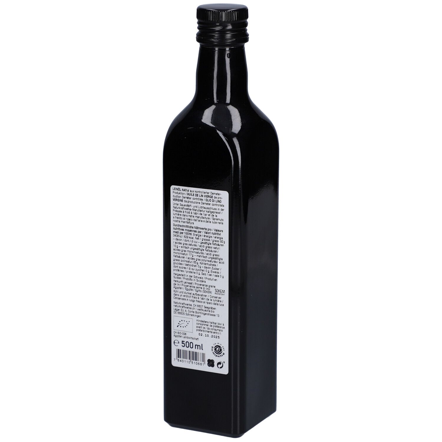 Arrière d'une bouteille en verre foncé avec informations détaillées et label bio.