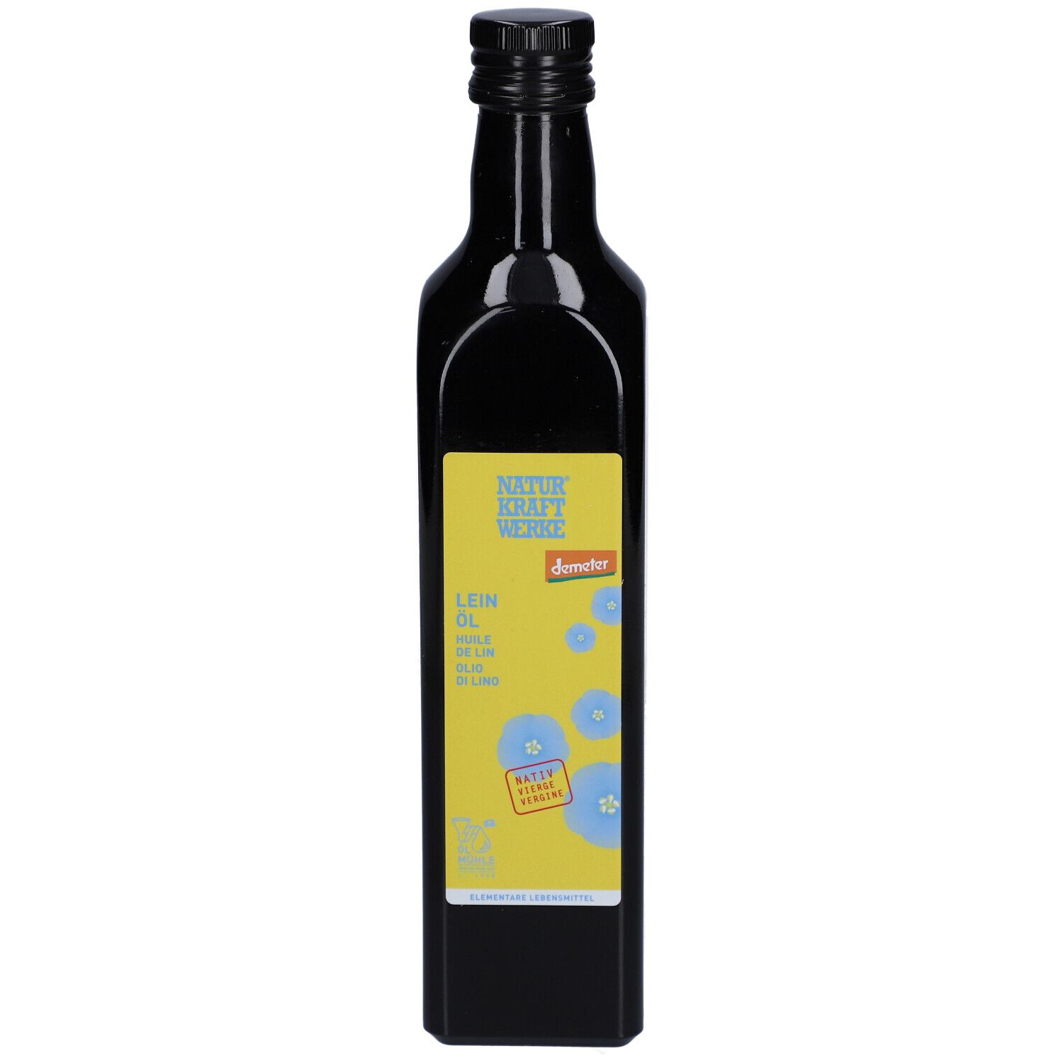 Bouteille en verre foncé avec étiquette jaune montrant l'huile de lin et le sceau Demeter.