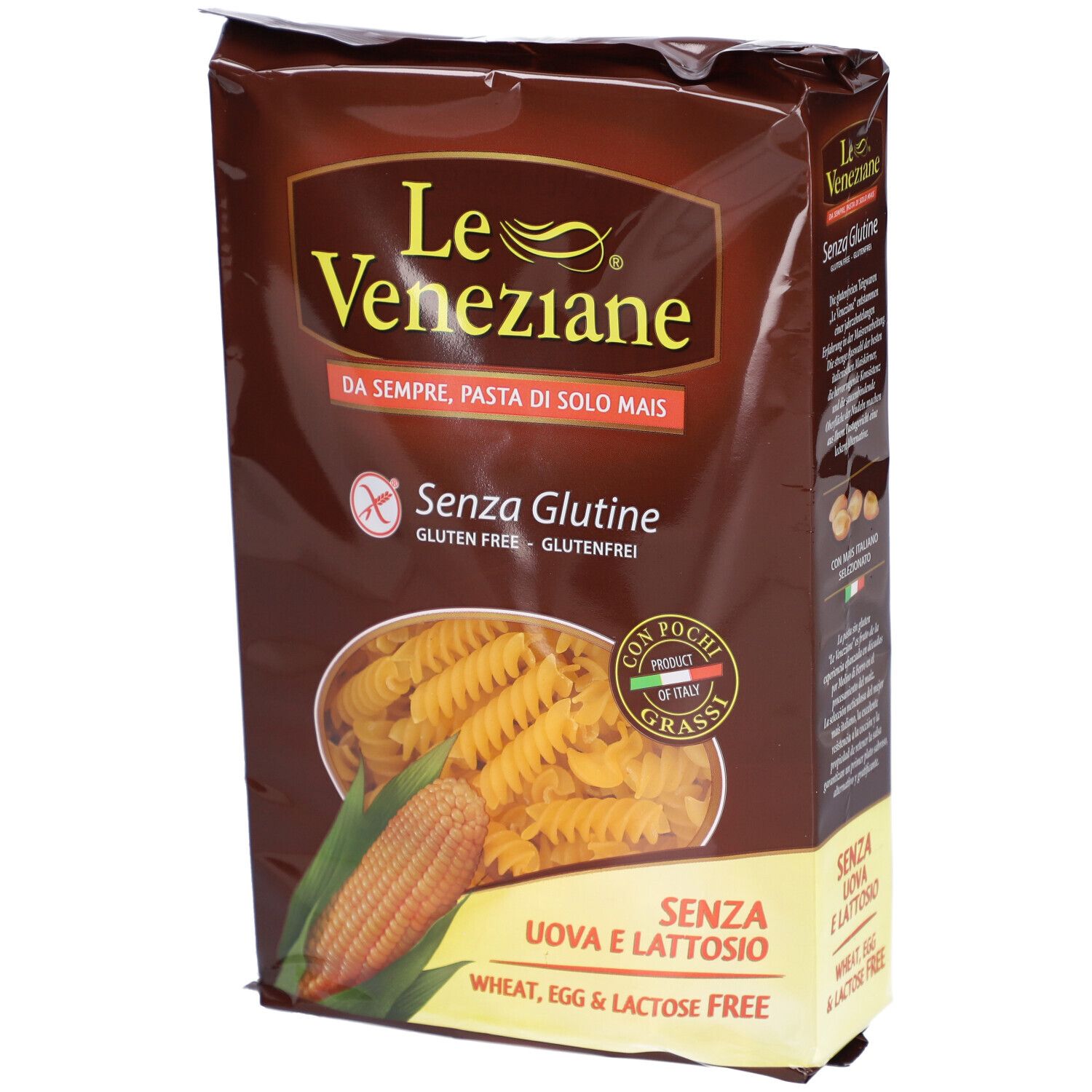 Paquet de pâtes sans gluten Le Veneziane. Inscription : Sans gluten, sans œufs, sans lactose. Illustration d'épi de maïs.