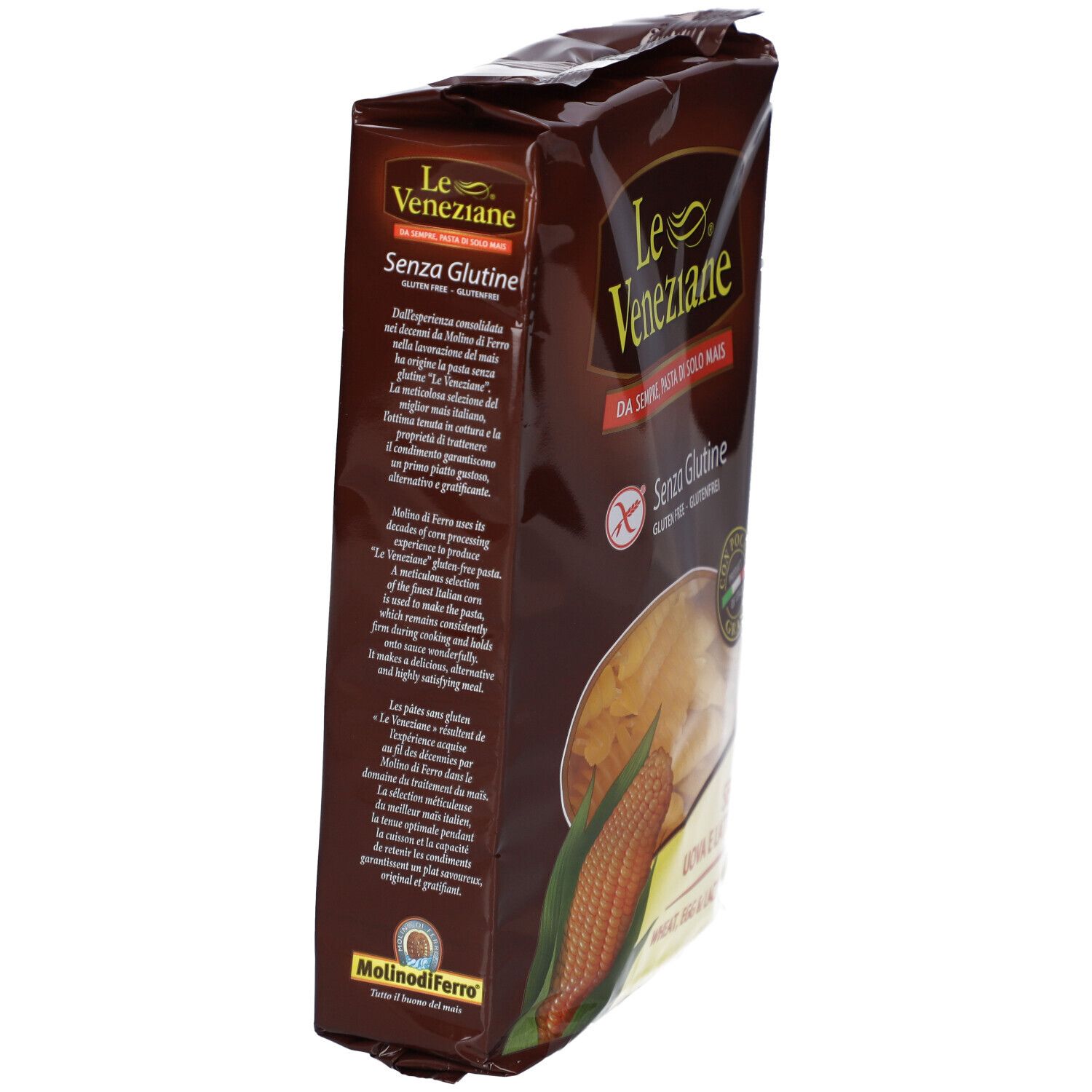 Paquet de pâtes sans gluten Le Veneziane. Inscription : Sans gluten. Illustration d'épi de maïs. Emballage marron.