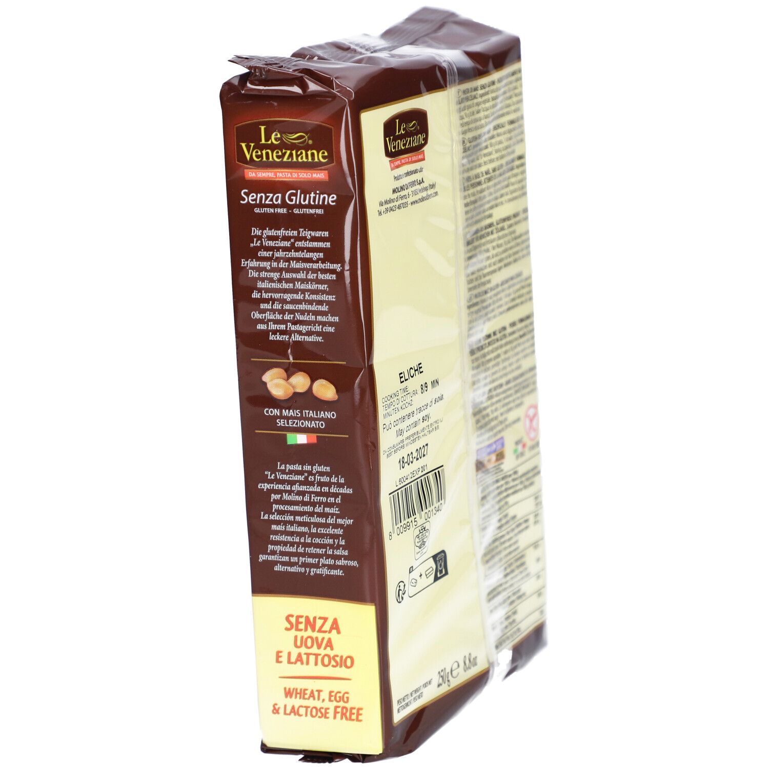 Paquet de pâtes sans gluten Le Veneziane. Inscription : Sans gluten, sans œufs, sans lactose. Illustration d'épi de maïs.