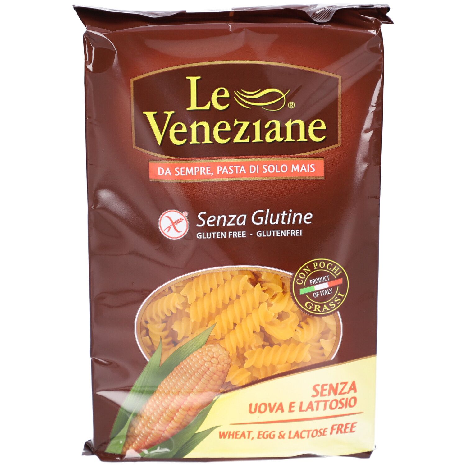Paquet de pâtes sans gluten Le Veneziane. Inscription : Sans gluten, sans œufs, sans lactose. Illustration d'épi de maïs.