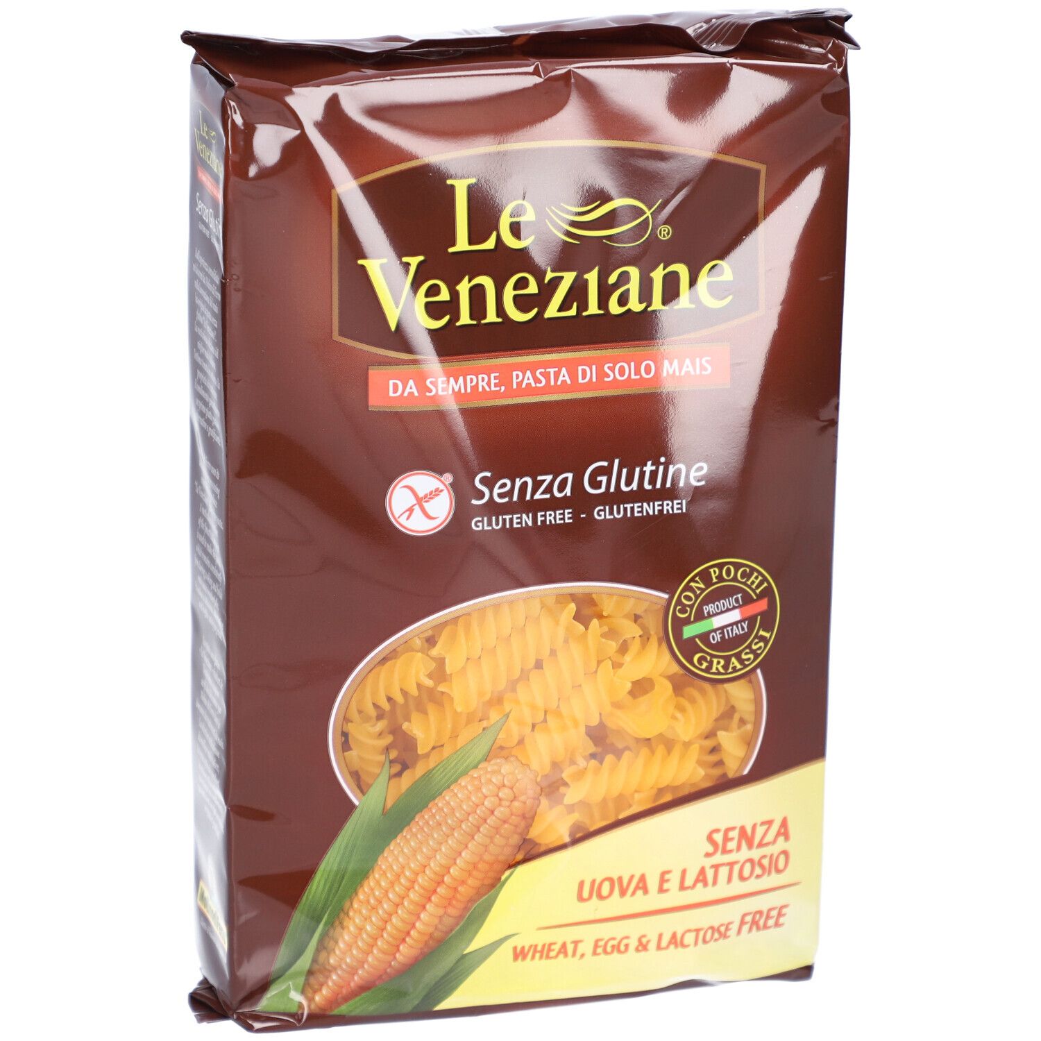 Paquet de pâtes sans gluten Le Veneziane. Inscription : Sans gluten, sans œufs, sans lactose. Illustration d'épi de maïs.