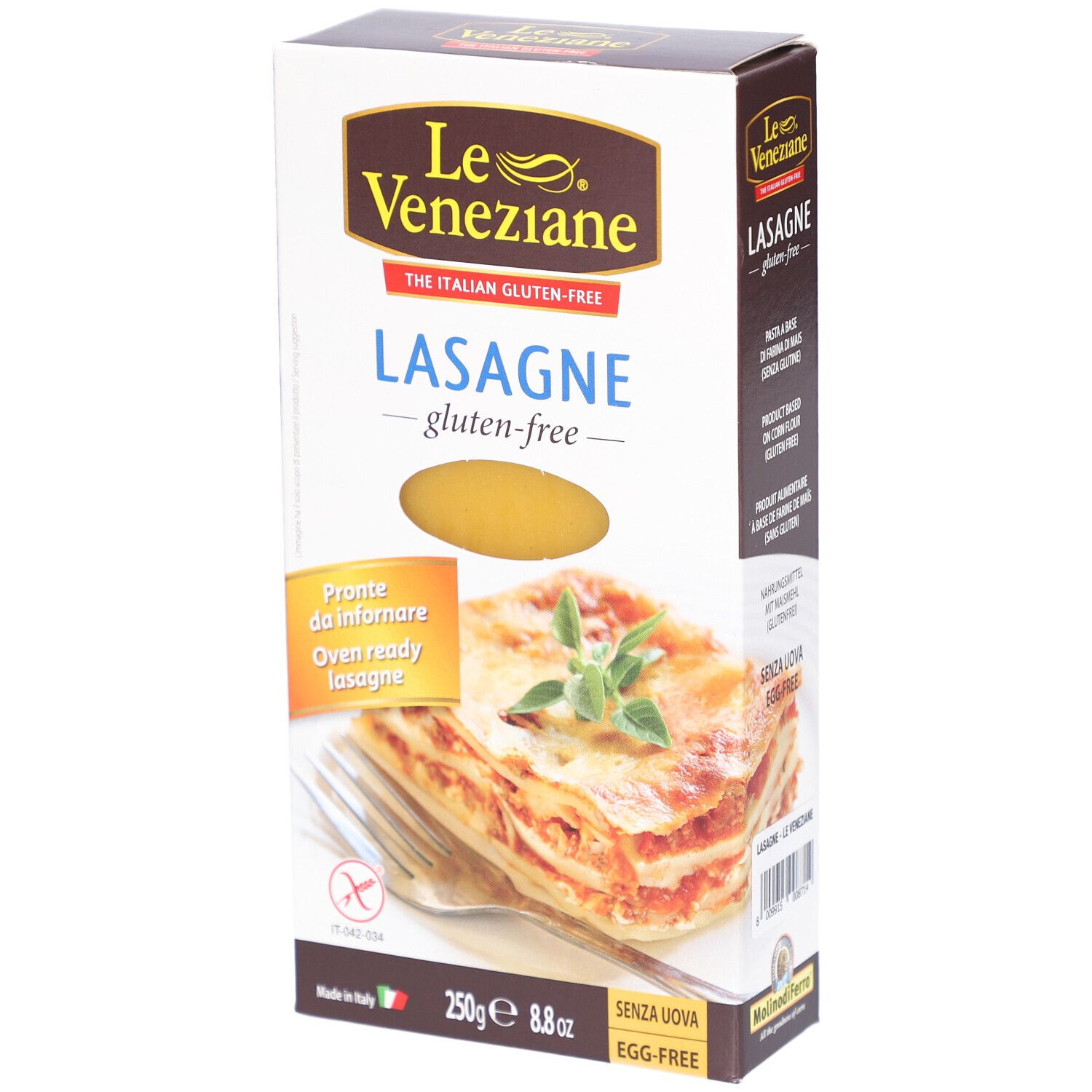 Verpakking van Le Veneziane glutenvrije lasagne. Toont lasagne gerecht en productinformatie. 250g, glutenvrij, zonder ei.