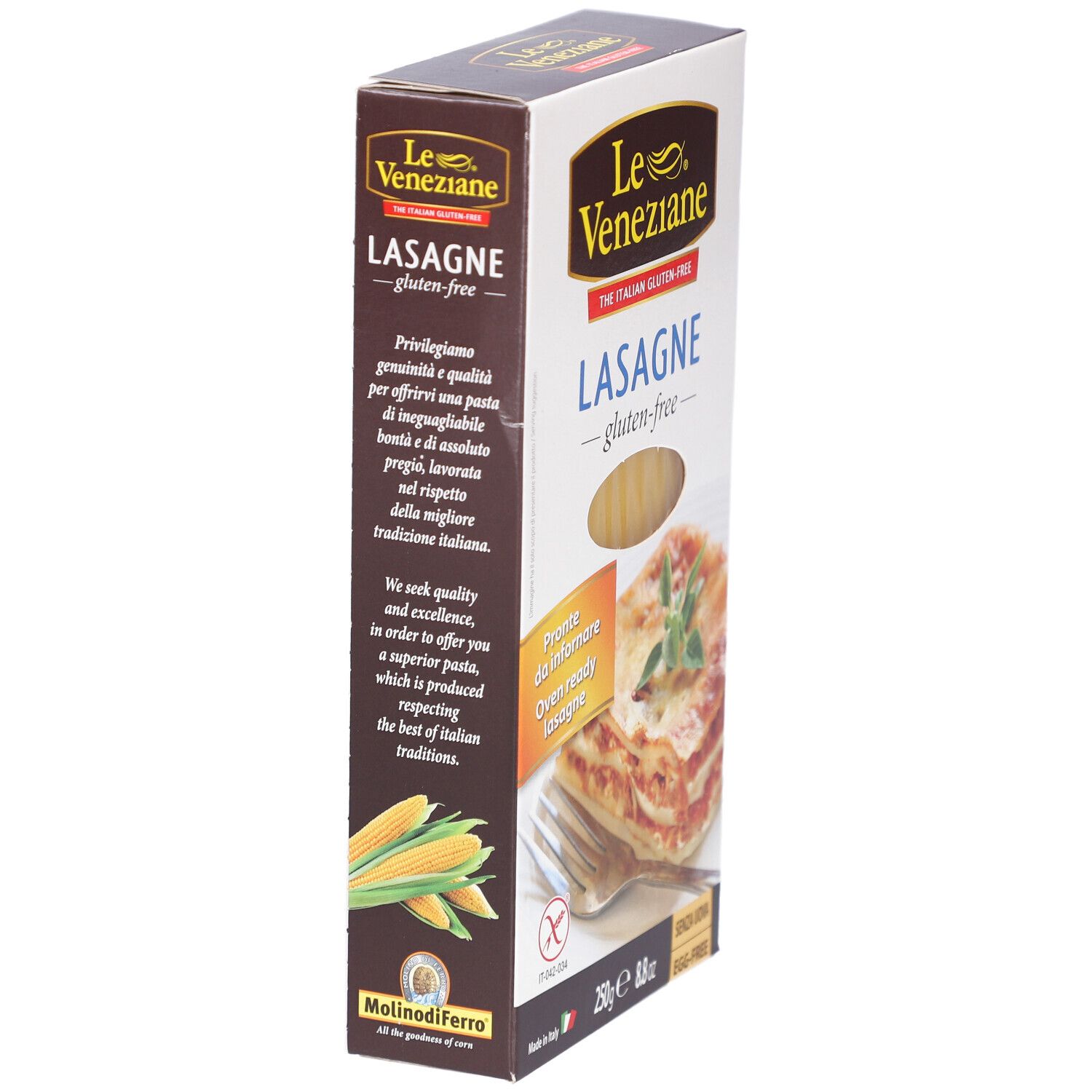 Verpakking van Le Veneziane glutenvrije lasagne. Toont lasagne gerecht en productinformatie. Glutenvrij, zonder ei. Maïs.