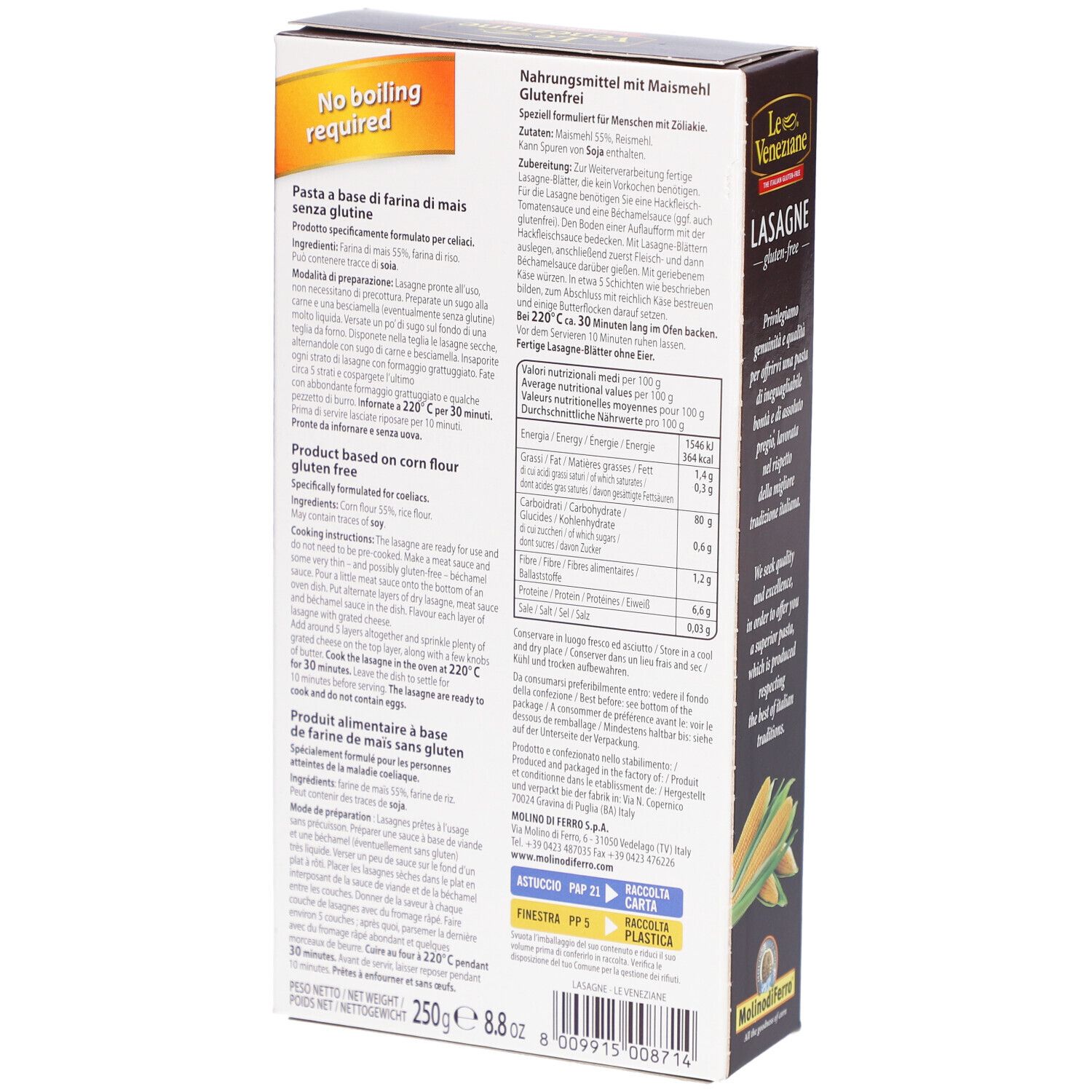 Achterkant van de verpakking van Le Veneziane glutenvrije lasagne. Bevat voedingsinformatie en bereidingsinstructies. 250g, glutenvrij.
