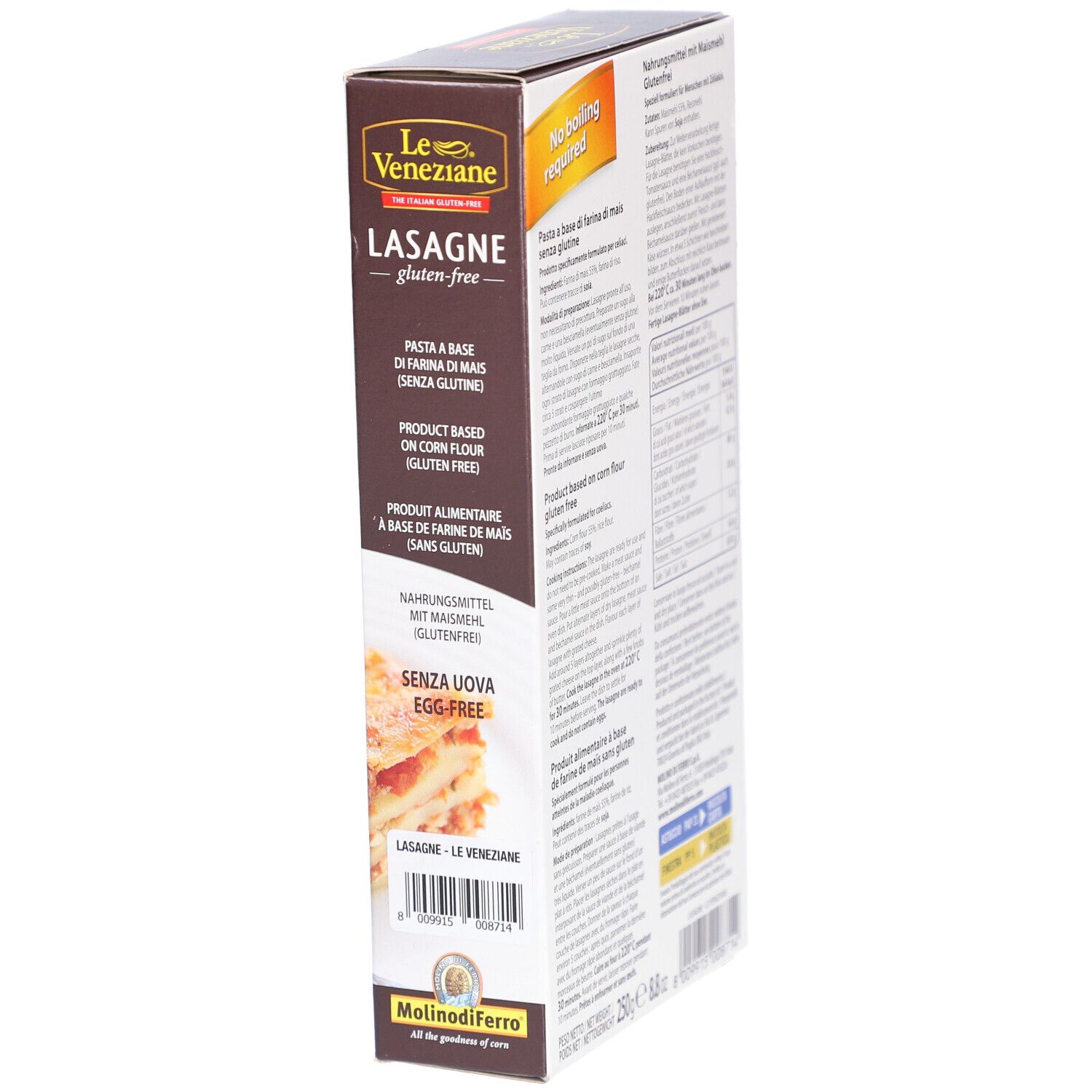 Verpakking van Le Veneziane glutenvrije lasagne. Toont productinformatie en bereidingsinstructies. Glutenvrij, zonder ei. Maïs.