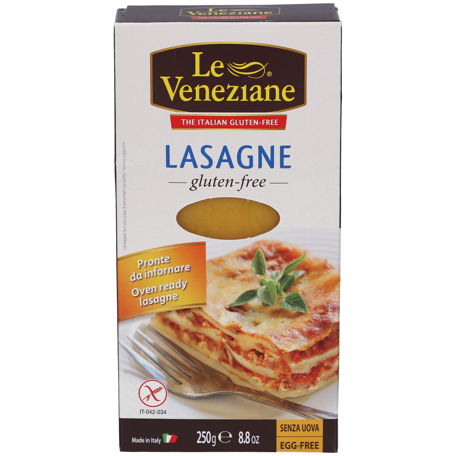 Verpakking van Le Veneziane glutenvrije lasagne. Toont lasagne gerecht en productinformatie. 250g, glutenvrij, zonder ei.