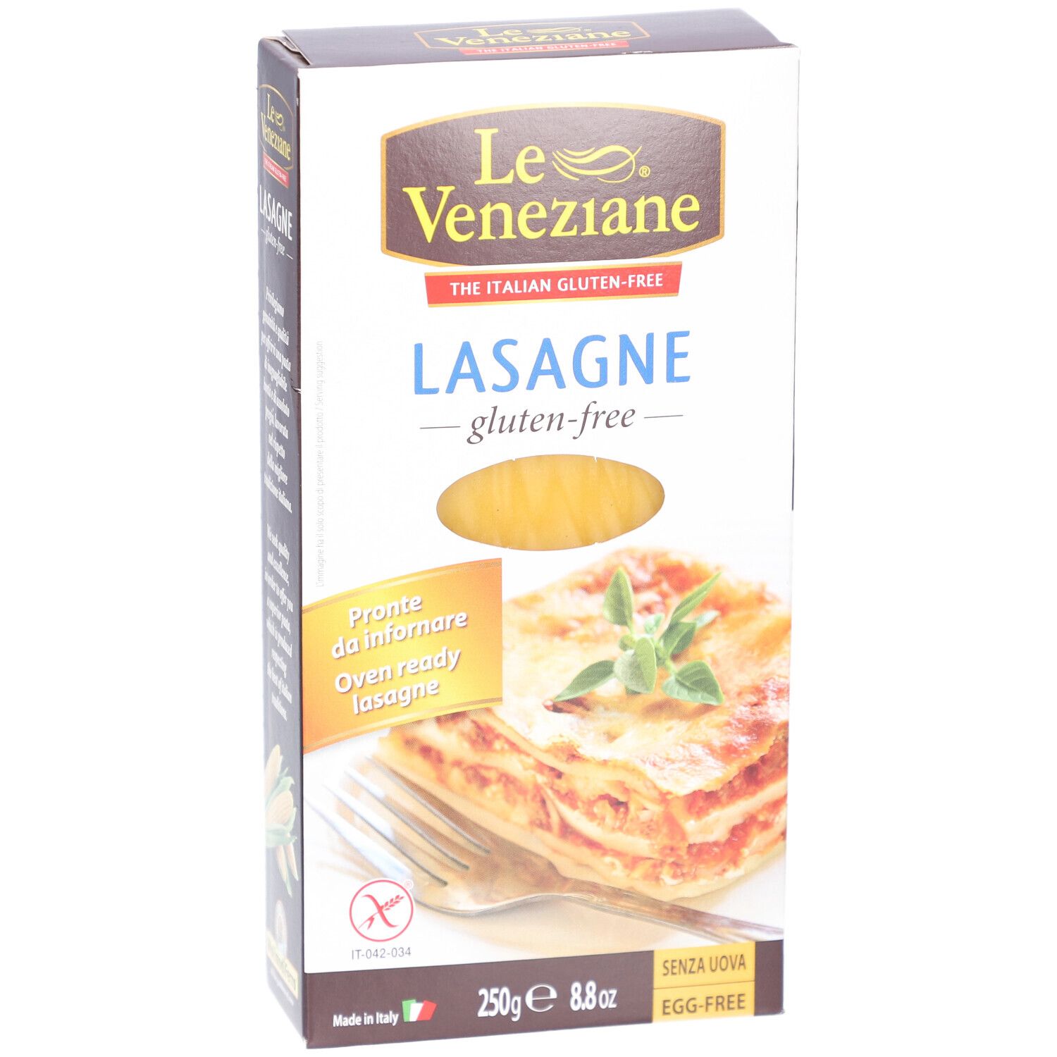 Verpakking van Le Veneziane glutenvrije lasagne. Toont lasagne gerecht en productinformatie. 250g, glutenvrij, zonder ei.