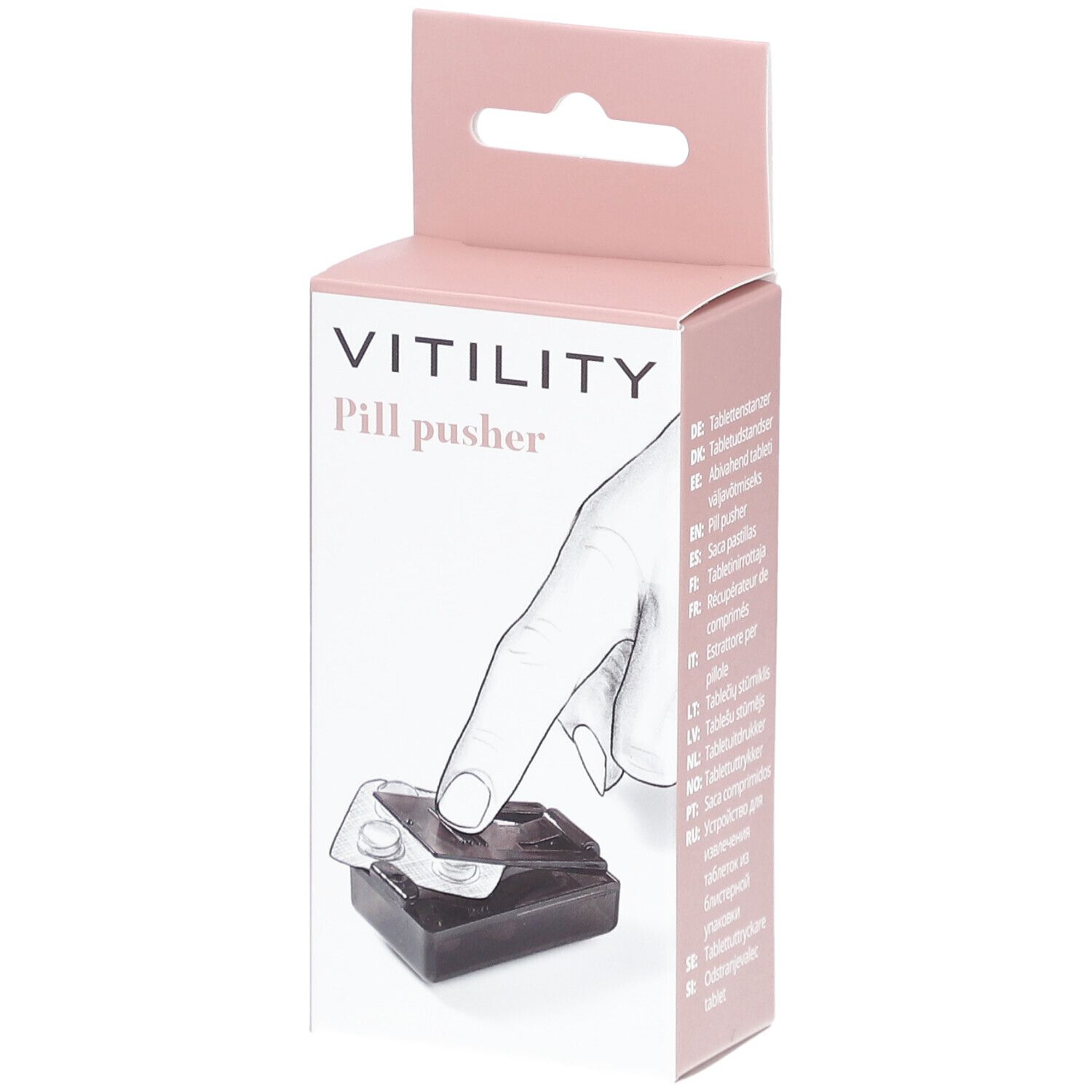 Verpakking VITILITY Pill pusher. Illustratie van een hand die tabletten uit een blister drukt.
