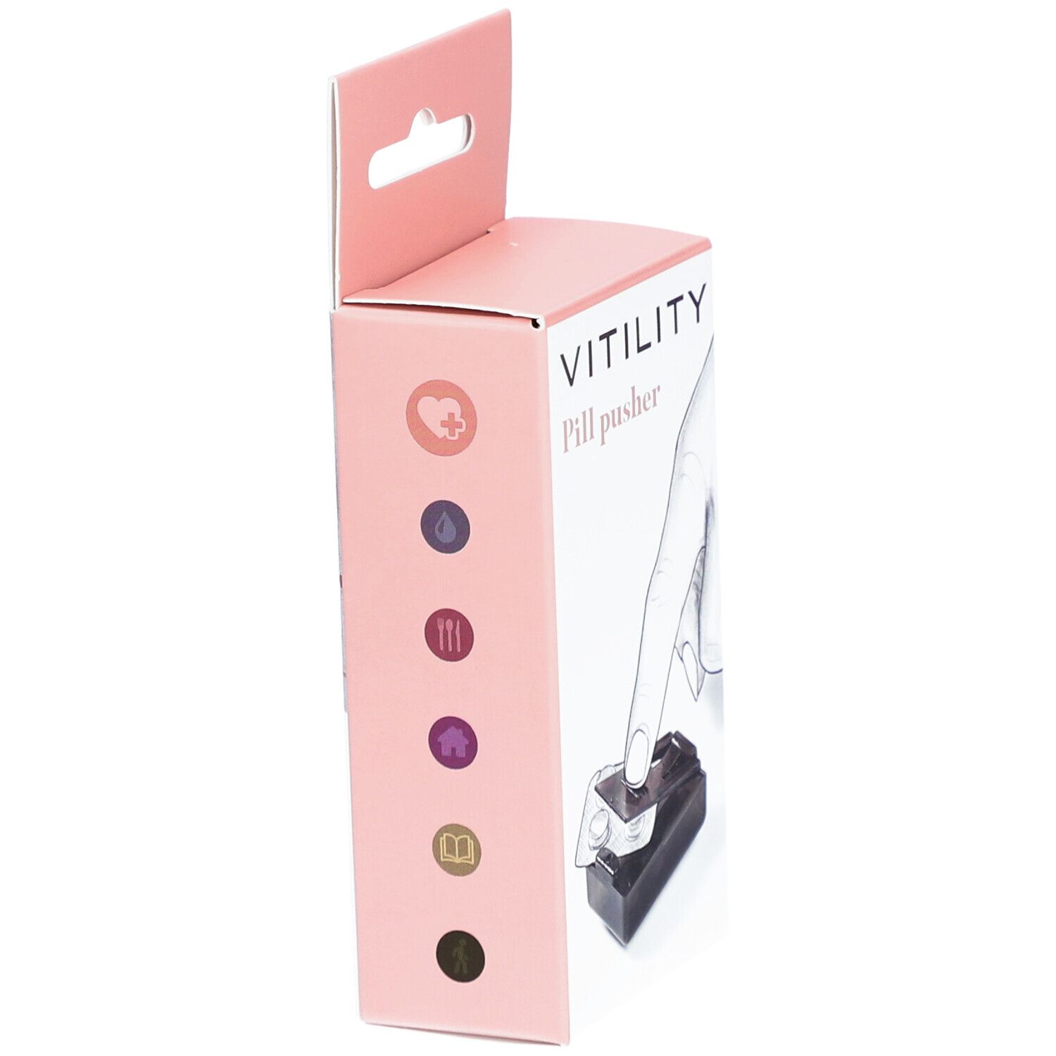 Zijaanzicht van de VITILITY Pill pusher verpakking. Roze doos met logo en symbolen.