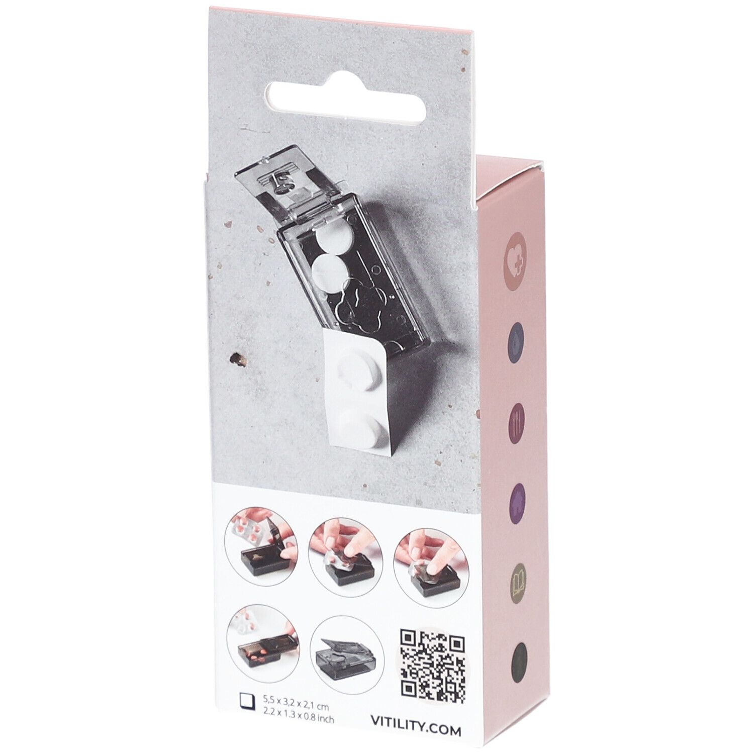 Verpakking VITILITY Pill pusher. Product en gebruik geïllustreerd. QR-code.