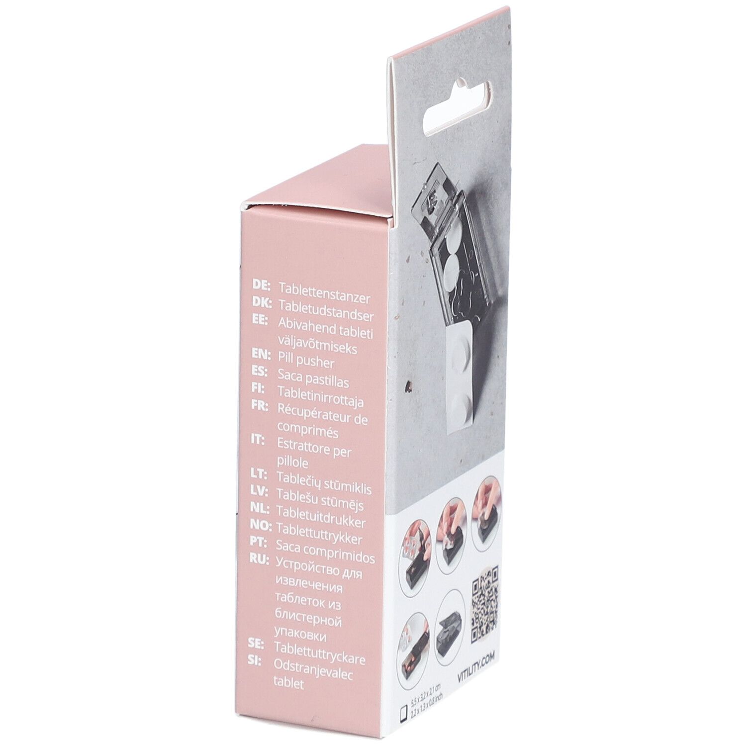 Zijaanzicht van de verpakking met tekst in verschillende talen. VITILITY Pill pusher.