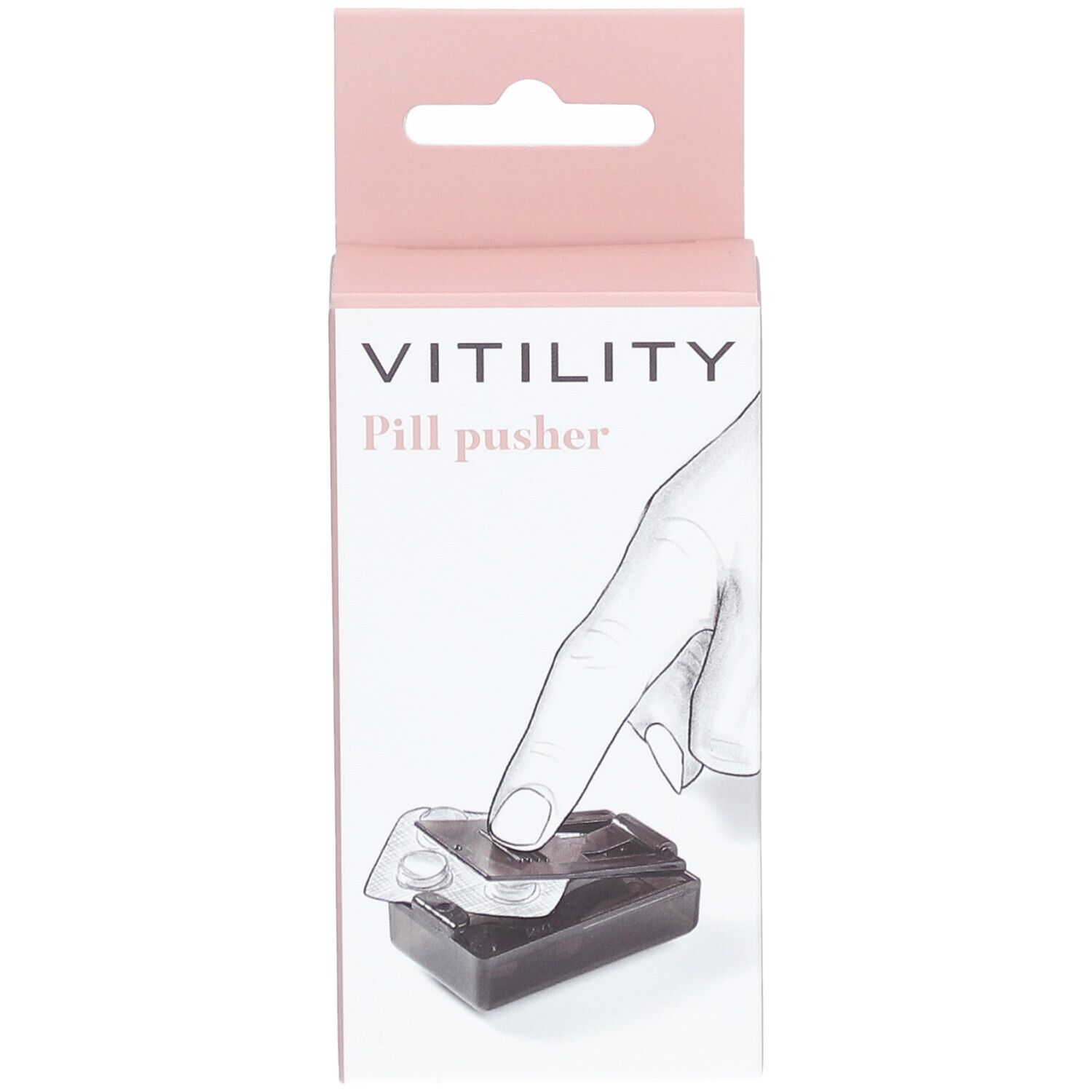 Verpakking VITILITY Pill pusher. Illustratie van een hand die tabletten uit een blister drukt.