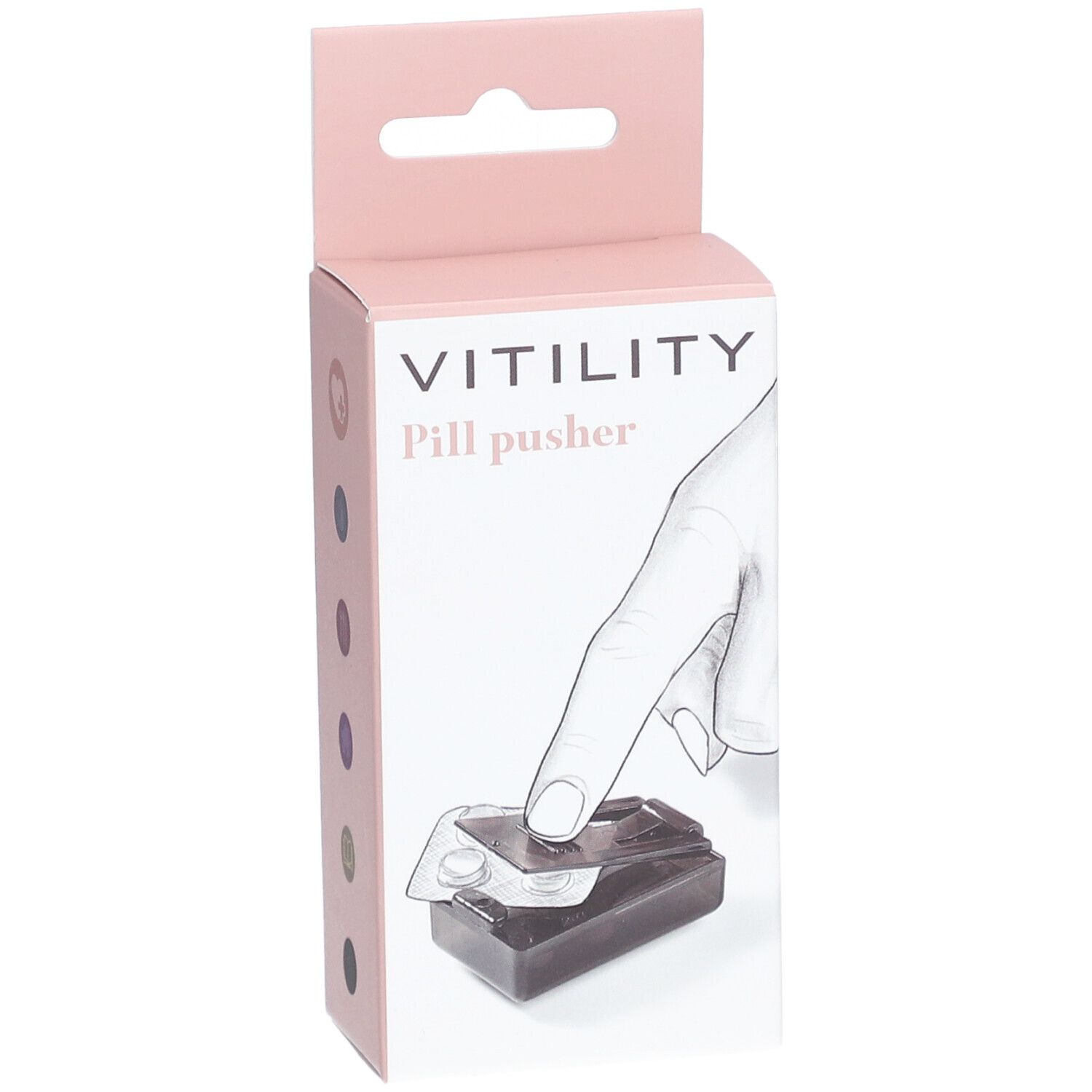 Verpakking VITILITY Pill pusher. Illustratie van een hand die tabletten uit een blister drukt.