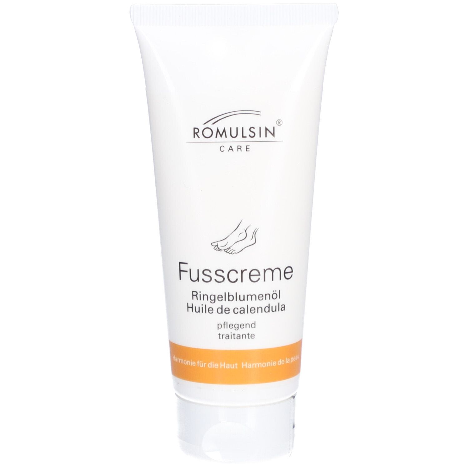 Witte tube met ROMULSIN CARE-logo en Fusscreme. Goudsbloemolie-aanduiding en voetsymbool. Oranje streep.