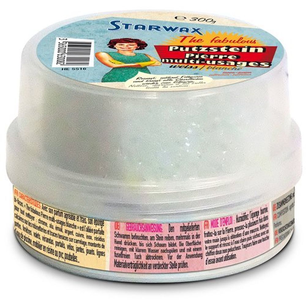 Ronde pot STARWAX. Opschrift: Witte allesreiniger. Deksel met afbeelding en tekst. Inhoud zichtbaar.