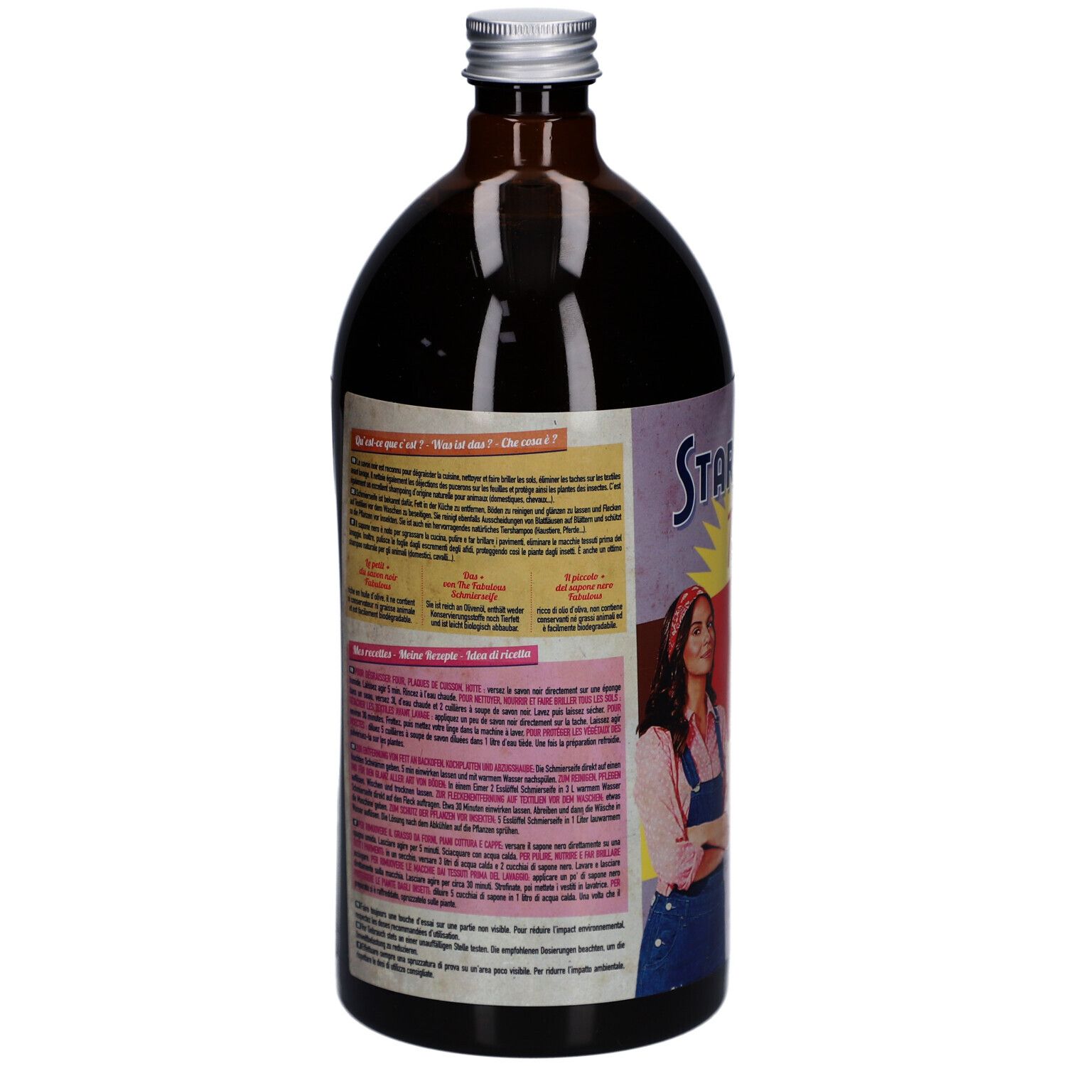 Vue arrière de la bouteille marron avec texte. Informations produit multilingues sur l'étiquette.