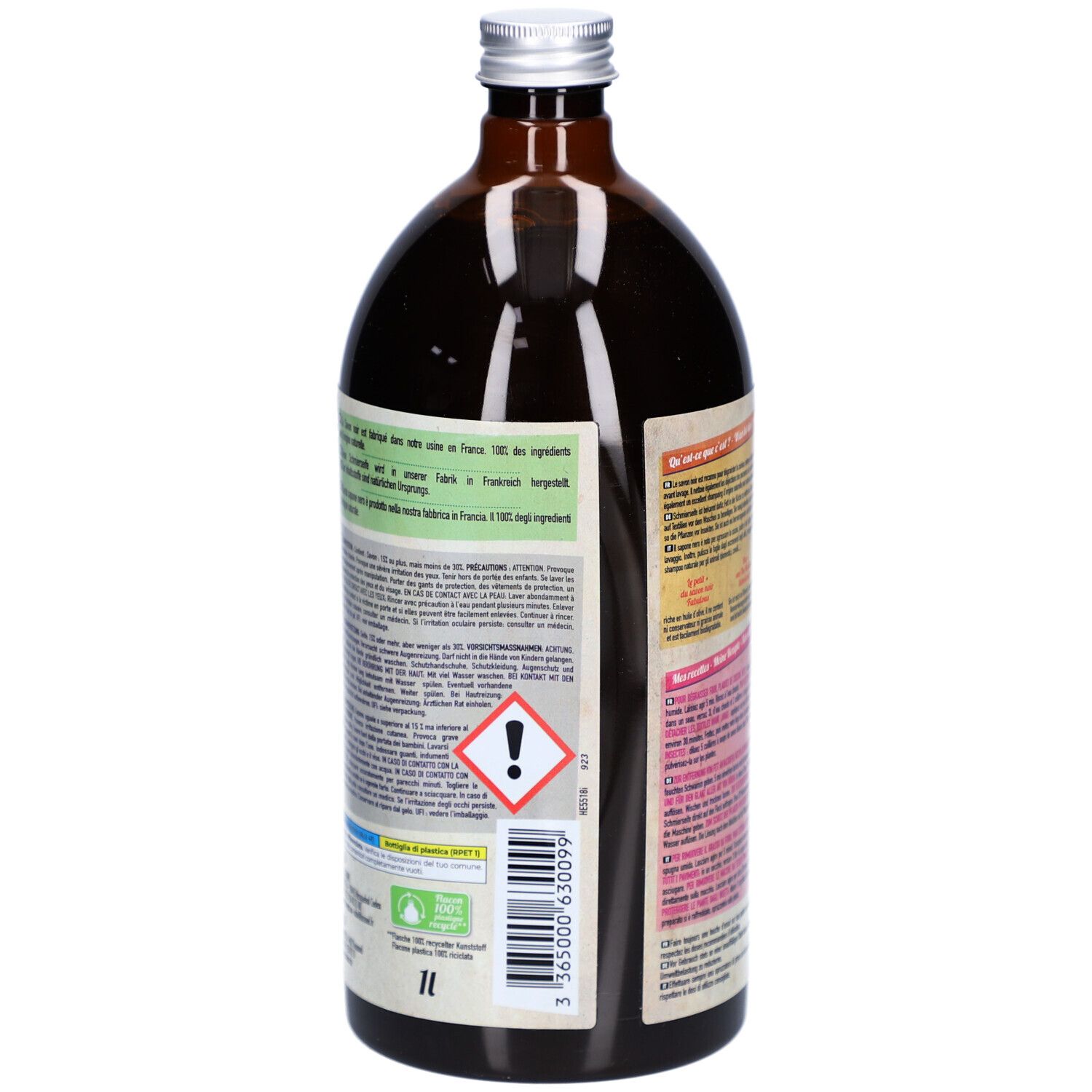 Vue arrière de la bouteille marron. Étiquette avec texte, symbole d'avertissement et code-barres. 1 litre.